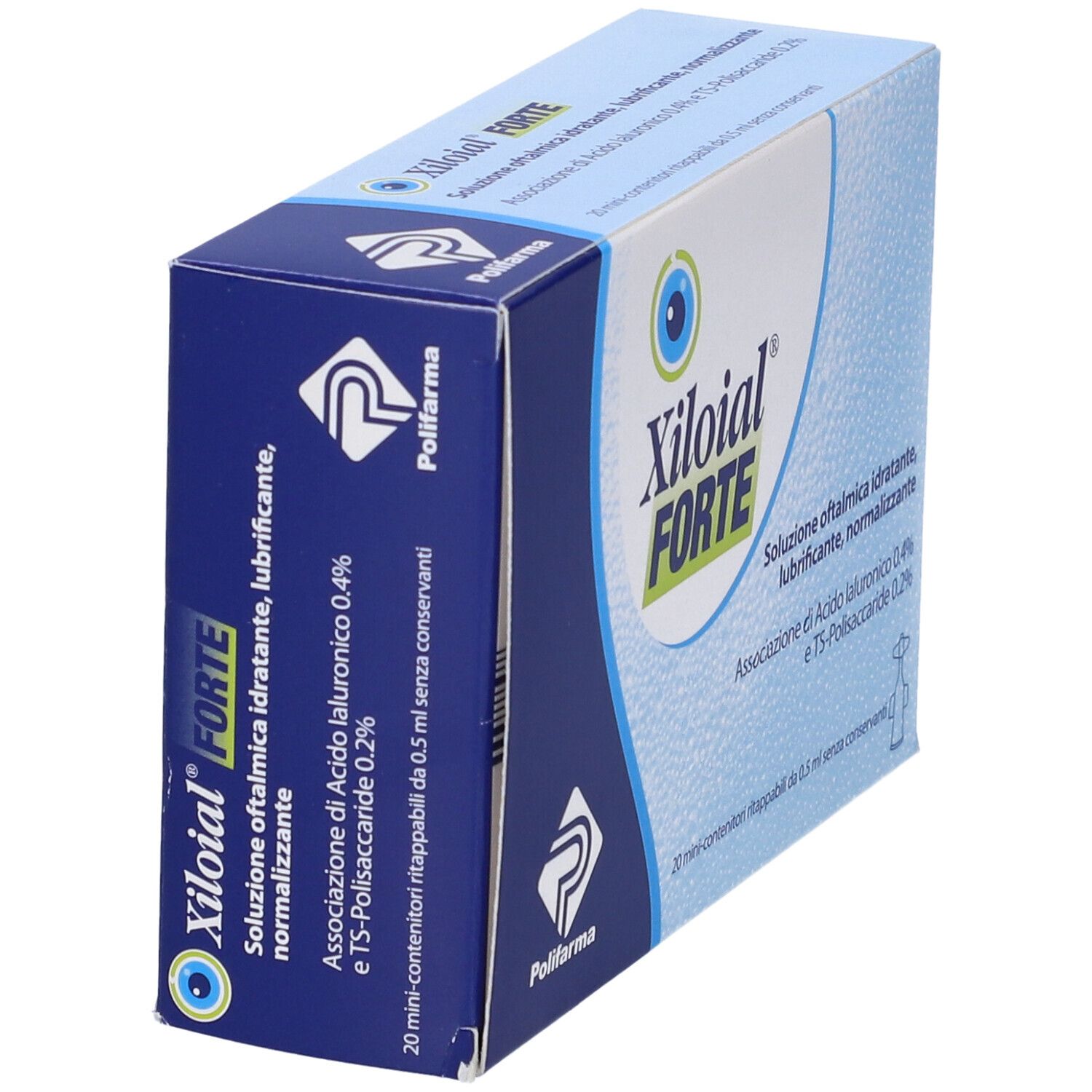 Confezione del prodotto in diagonale. Scritto: Xiloial Forte, collirio. Confezione blu e bianca. Logo Polifarma.