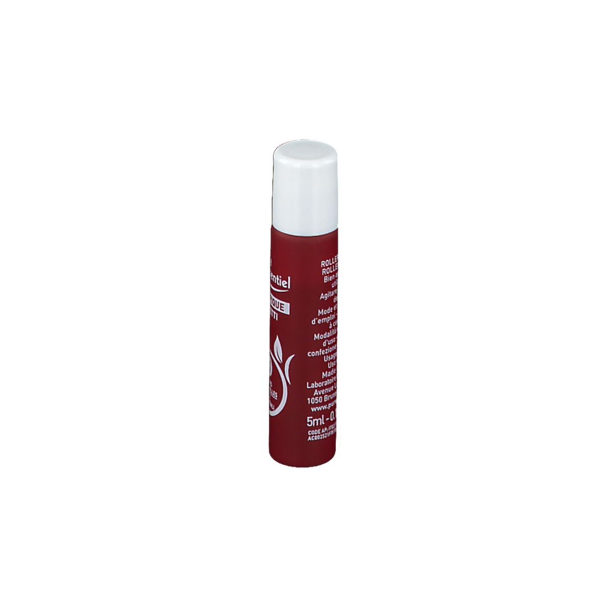 Roll-on rosso e bianco. Testo: Roller Apaisant, 5ml. Altre informazioni.