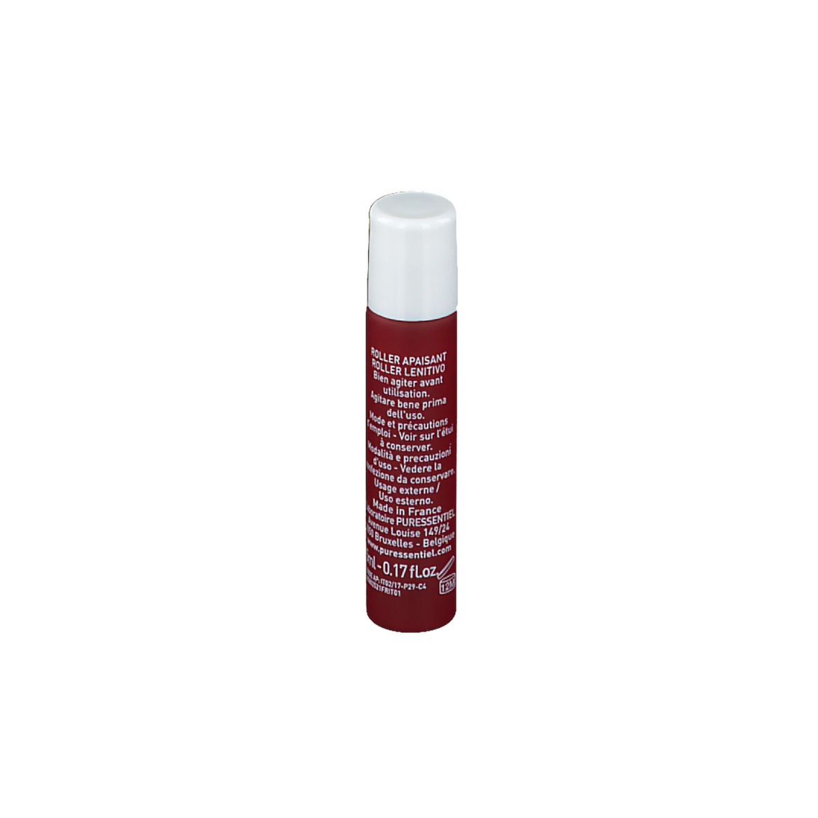 Roll-on rosso e bianco. Testo: Roller Apaisant, 0.17 fl oz. Altre informazioni.