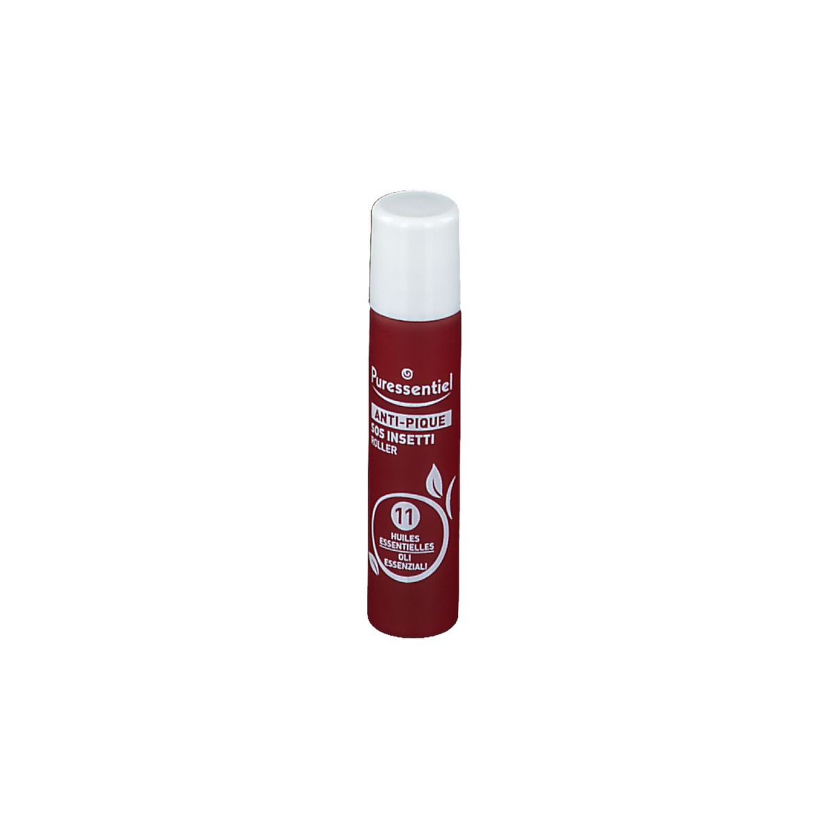 Roll-on rosso e bianco. Testo: Anti-Pique, SOS Insetti, 11 Huiles Essentielles.