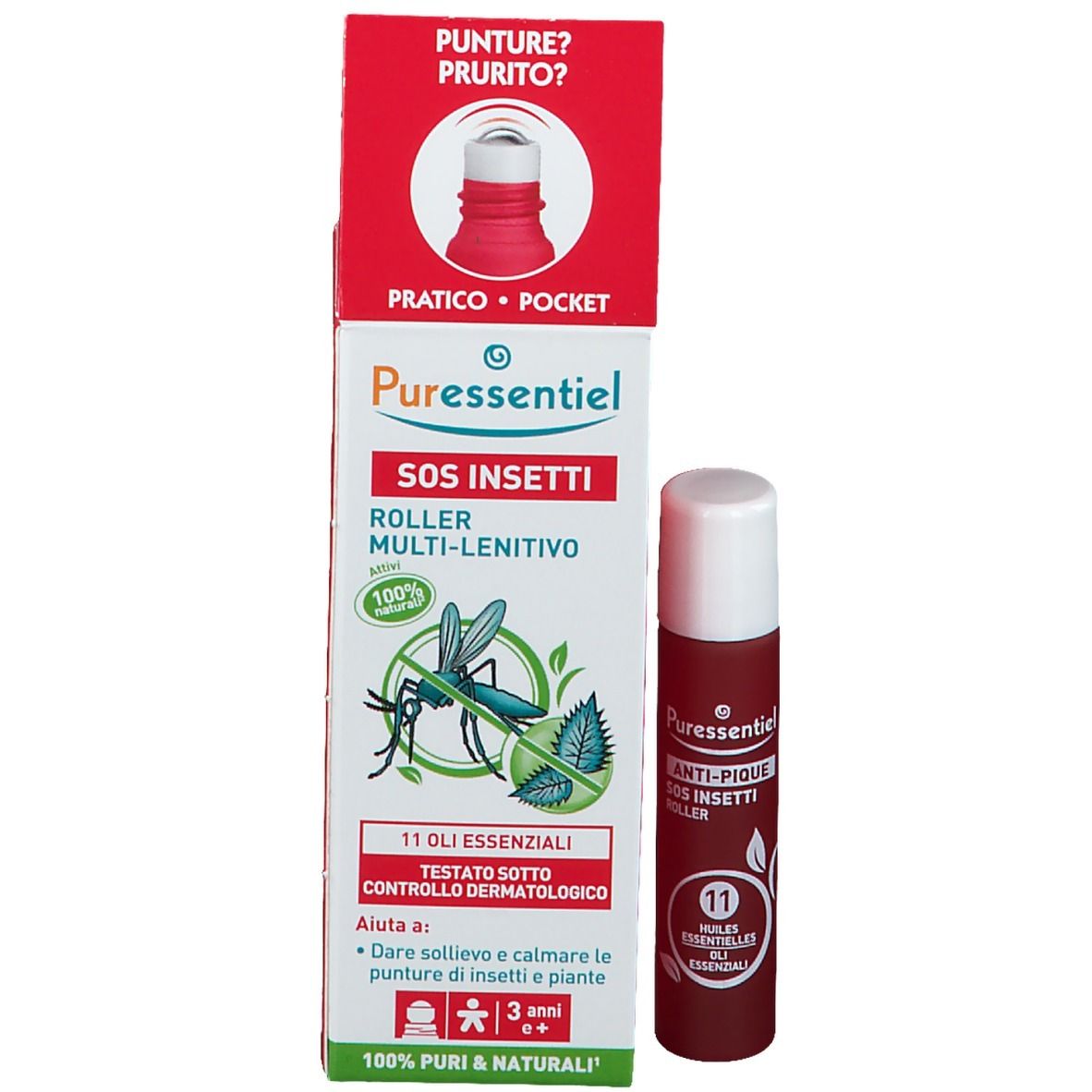 Confezione con roll-on. Testo: SOS Insetti, Roller Multi-Lenitivo, 11 Oli Essenziali.