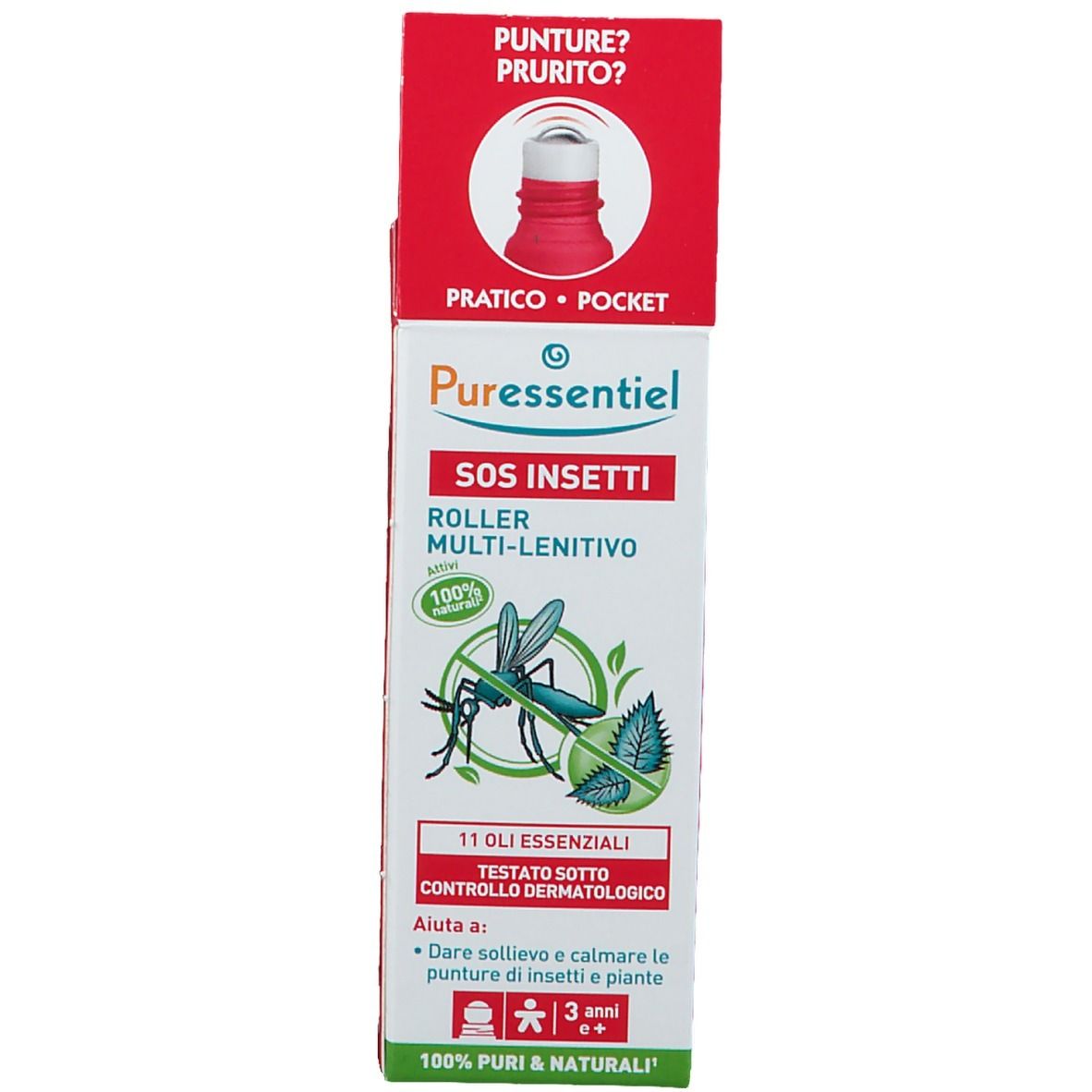 Confezione. Testo: SOS Insetti, Roller Multi-Lenitivo, 11 Oli Essenziali. 100% PURI & NATURALI.