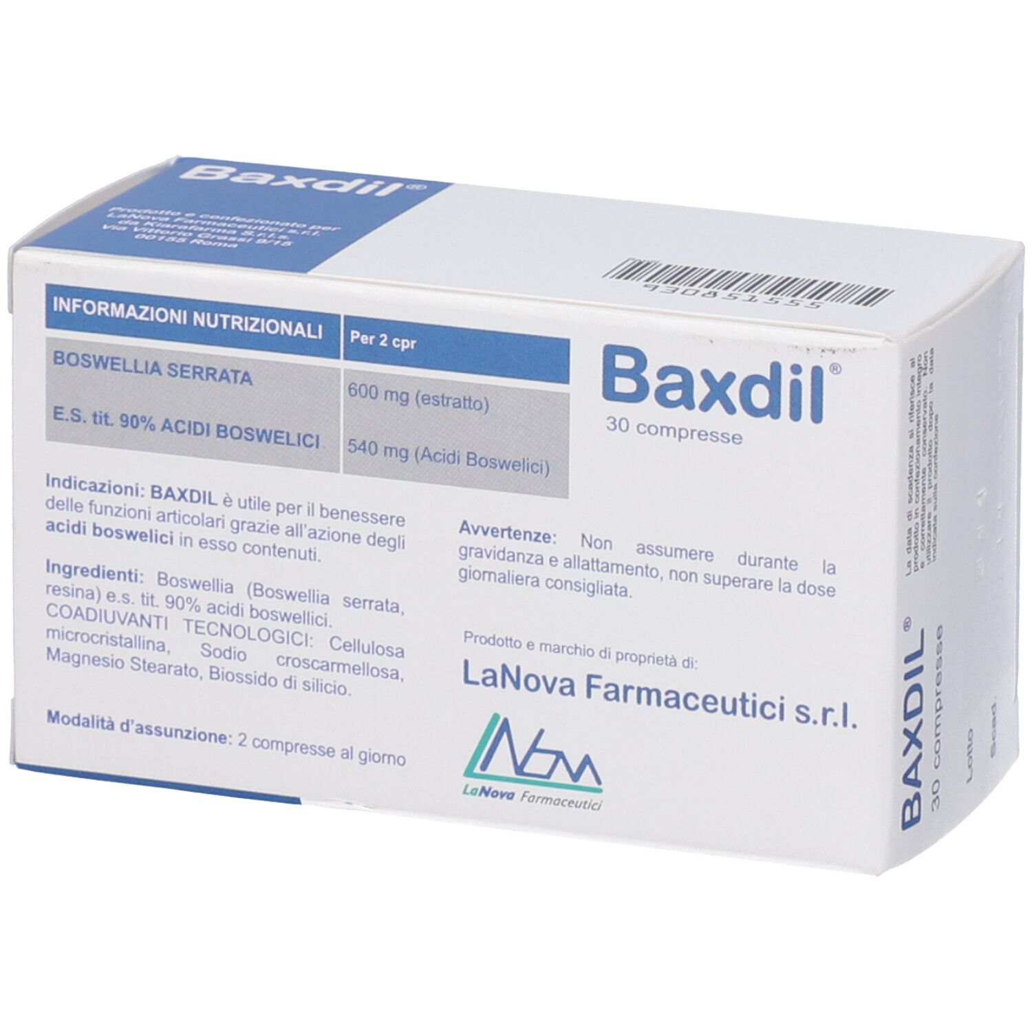 Scatola Baxdil da 30 compresse, informazioni nutrizionali, ingredienti e modalità d'uso.