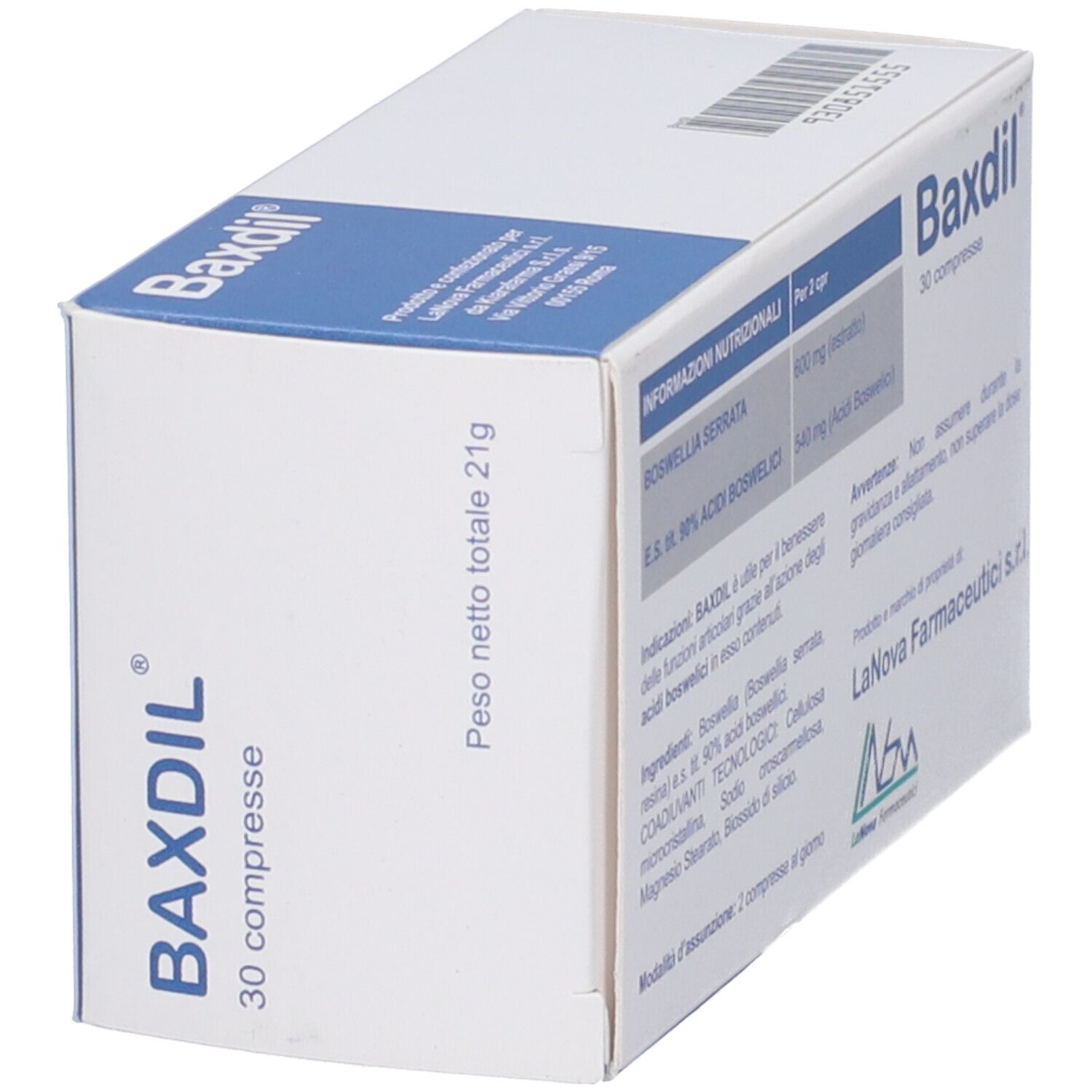 Scatola Baxdil da 30 compresse, Acidi Boswelici, Peso netto 21g, retro con informazioni.