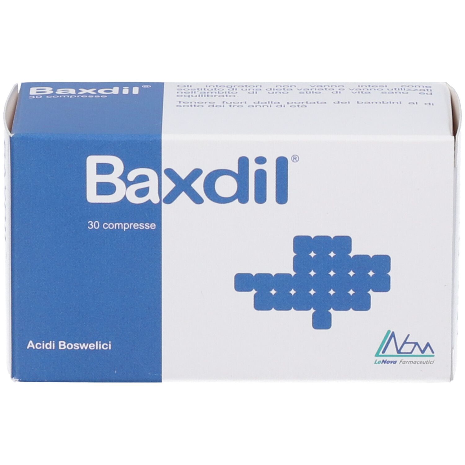 Scatola Baxdil da 30 compresse, Acidi Boswelici, con motivo blu.