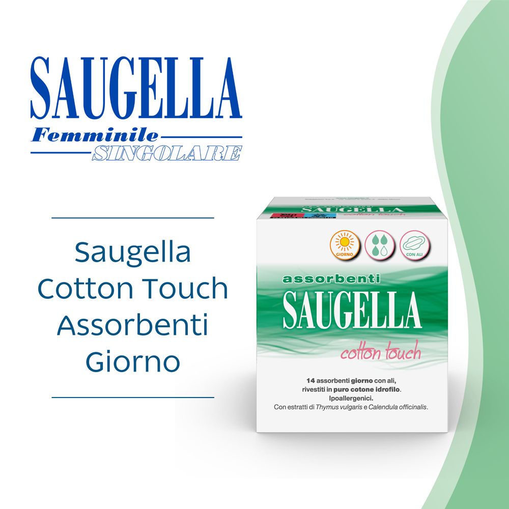 Saugella Cotton Touch. Confezione del prodotto con assorbenti. Logo e nome del prodotto. Sfondo verde e bianco.