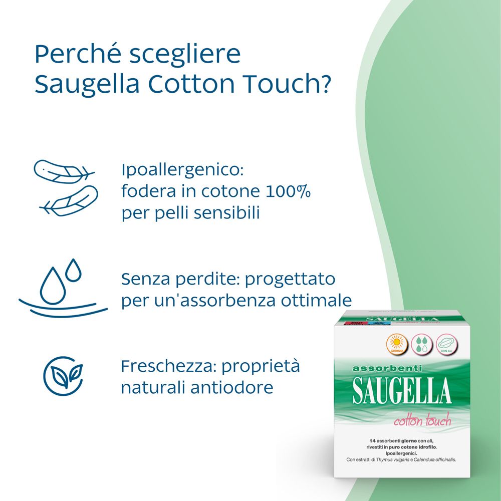Saugella Cotton Touch. Vantaggi: ipoallergenico, 100% cotone, per pelli sensibili. Nessuna perdita, assorbimento ottimale. Freschezza naturale.