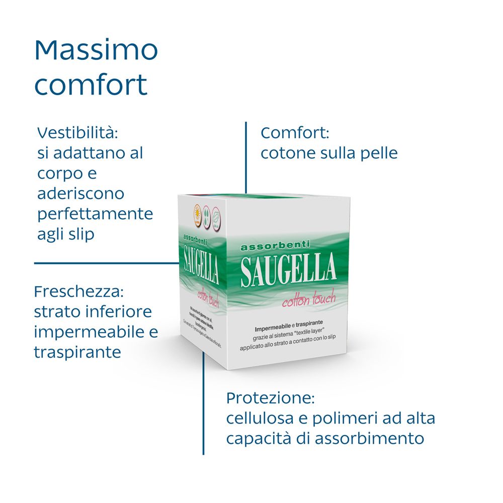 Saugella Cotton Touch. Comfort: cotone sulla pelle. Freschezza: traspirante. Protezione: cellulosa e polimeri. Confezione.