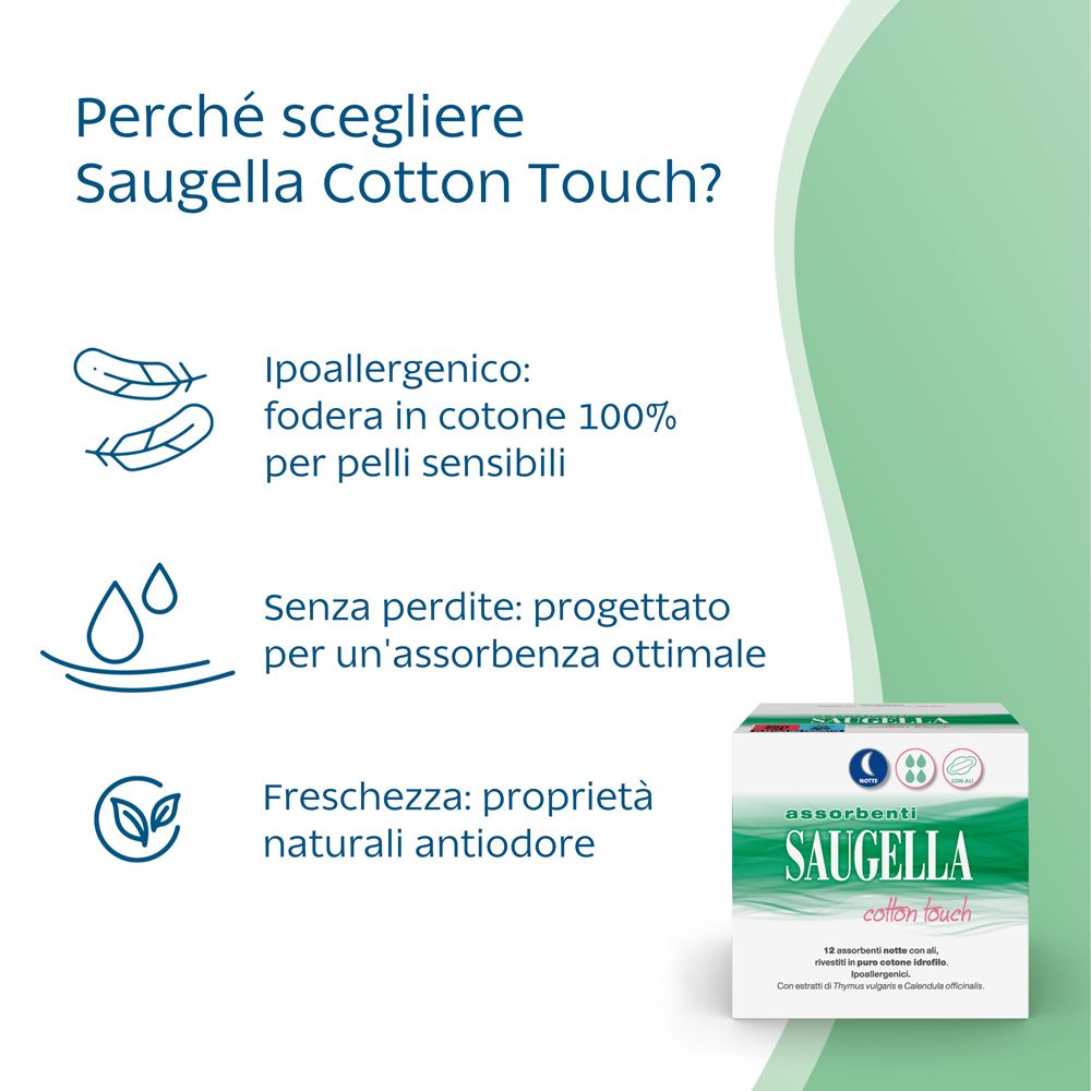 Confezione Saugella Cotton Touch. Testo: Saugella Cotton Touch. Vantaggi: ipoallergenico, 100% cotone, protezione ottimale, freschezza.