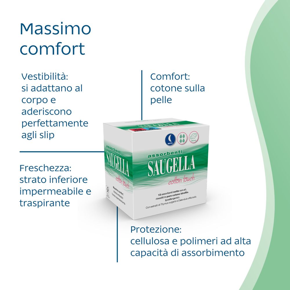 Confezione Saugella Cotton Touch. Testo: massimo comfort, si adatta, cotone sulla pelle, traspirante, protezione.