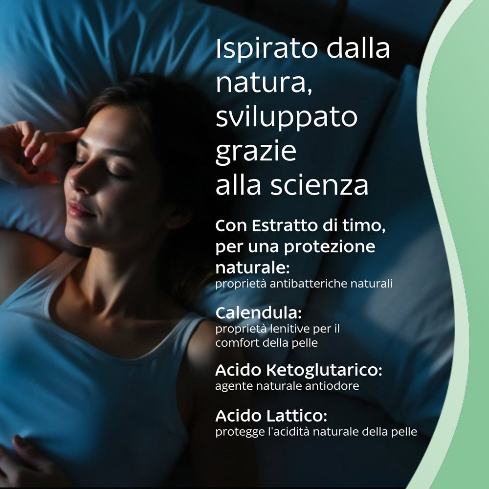 Testo: Ispirato dalla natura, sviluppato grazie alla scienza. Ingredienti: timo, calendula, acido chetoglutarico, acido lattico.