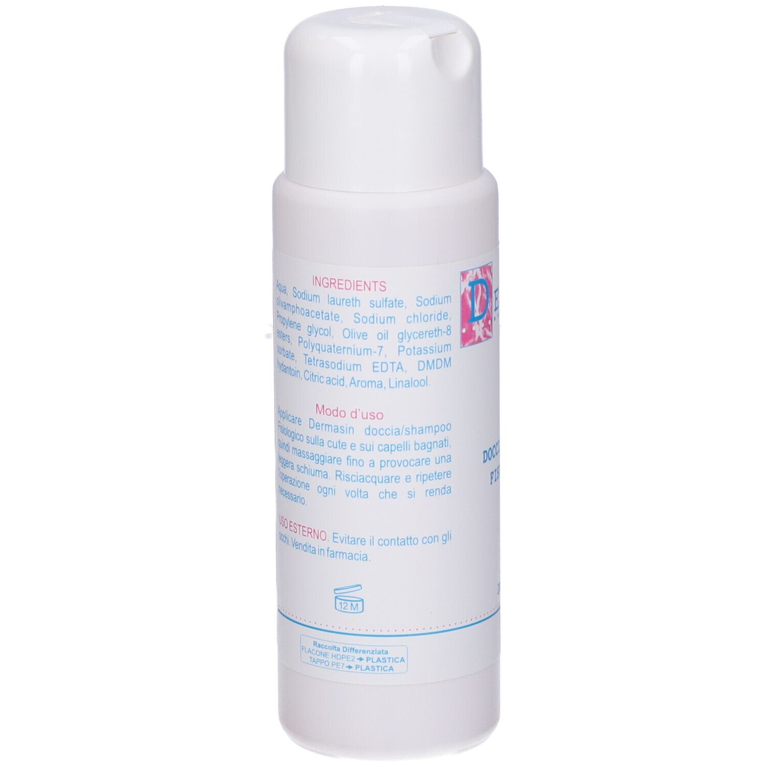 Retro del flacone bianco. Testo: Ingredienti, modo d'uso, precauzioni.