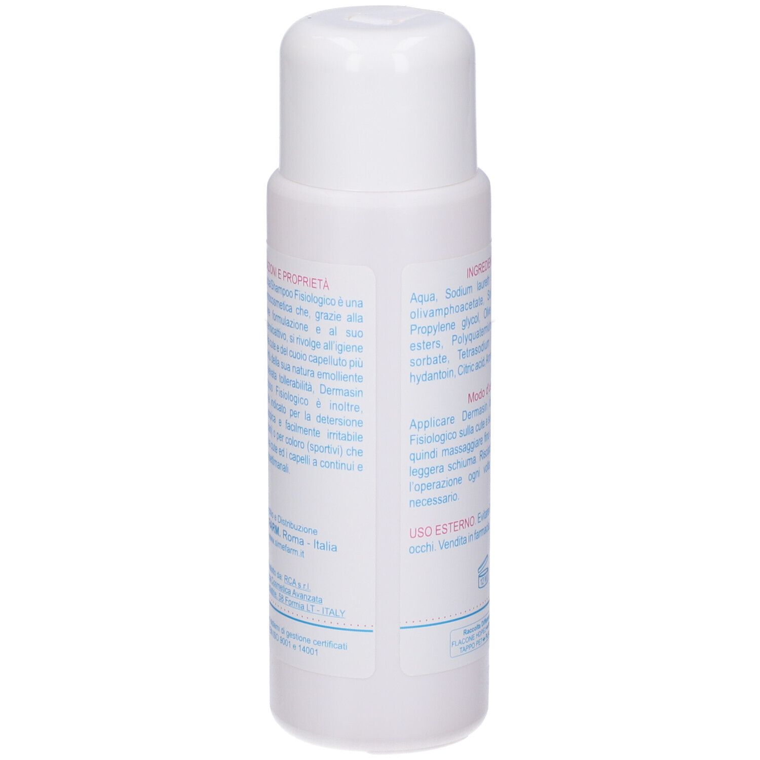 Retro del flacone bianco. Testo: Proprietà, modo d'uso, informazioni produttore.