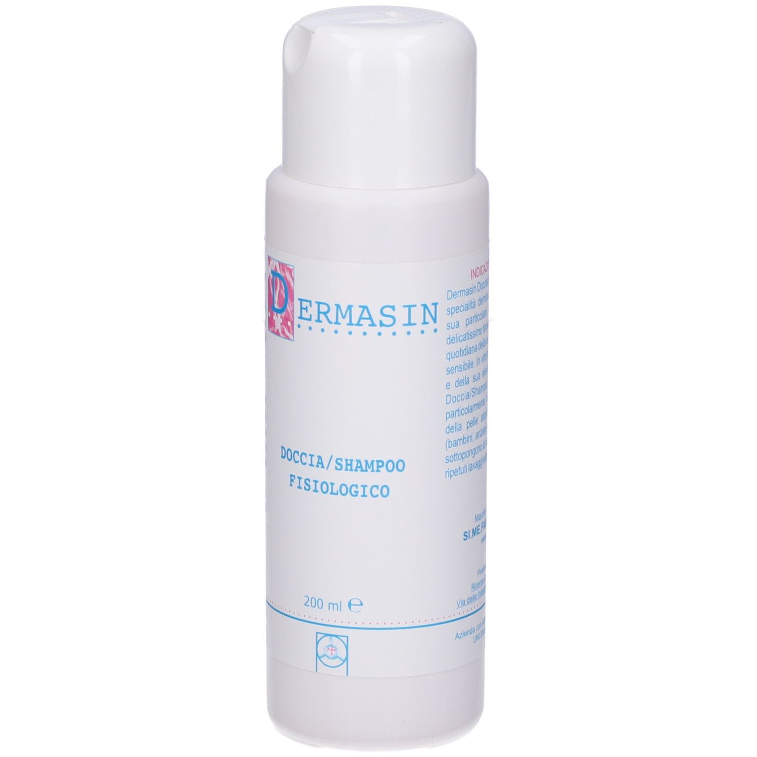 Flacone bianco con etichetta rosa. Testo: Dermasin, Doccia/Shampoo Fisiologico, 200 ml.