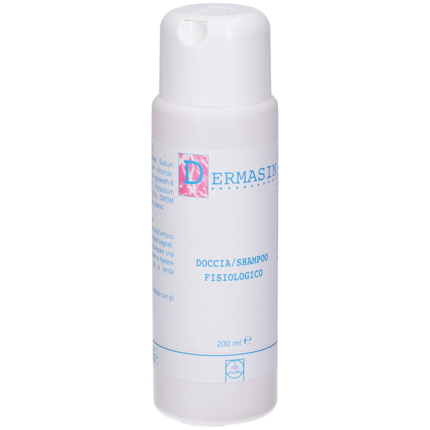 Flacone bianco con etichetta rosa. Testo: Dermasin, Doccia/Shampoo Fisiologico, 200 ml.