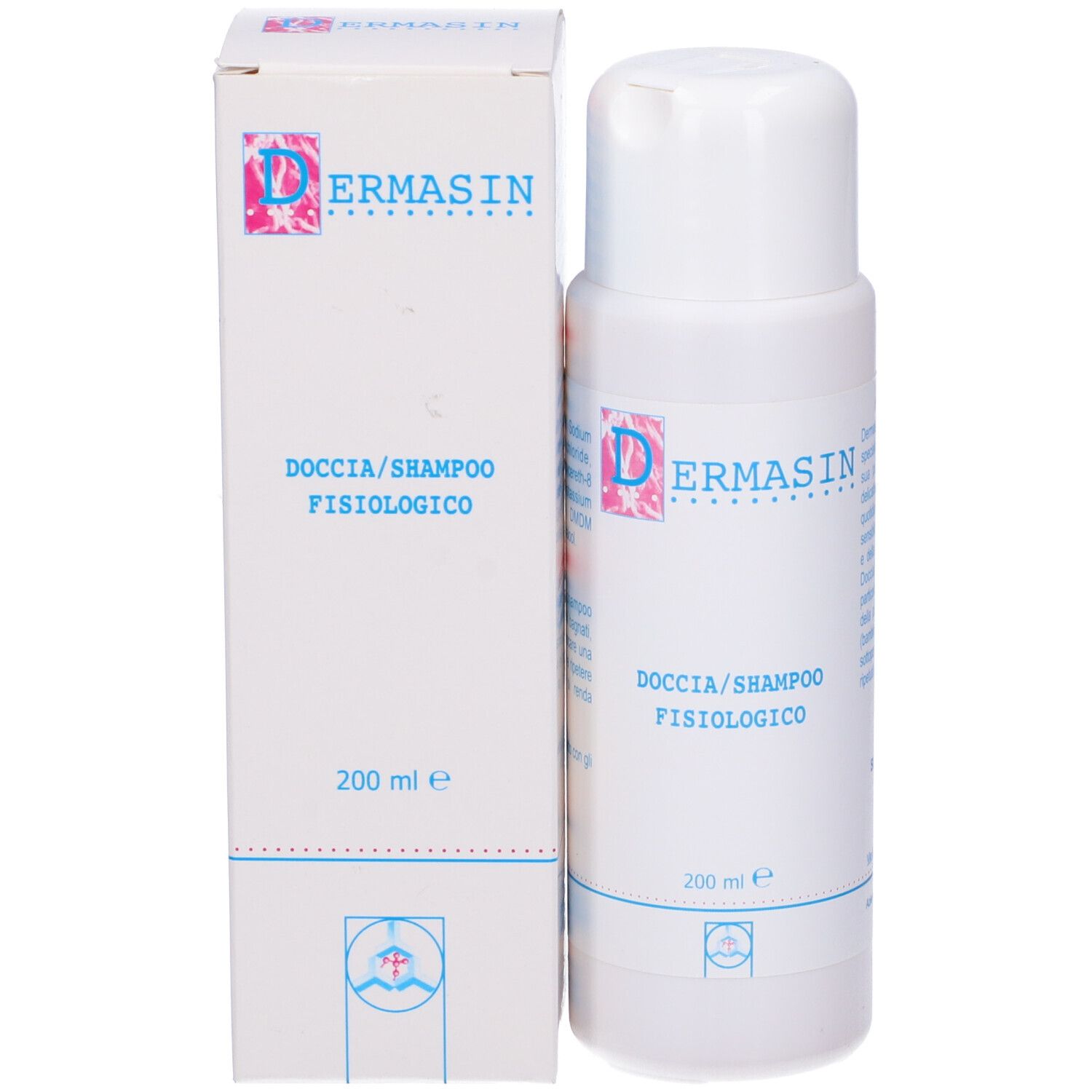 Flacone bianco e scatola. Testo: Dermasin, Doccia/Shampoo Fisiologico, 200 ml.