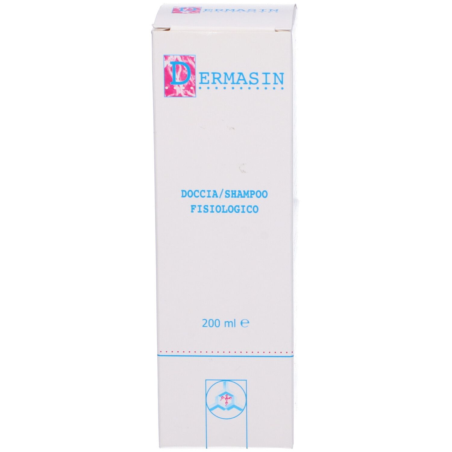 Scatola bianca. Testo: Dermasin, Doccia/Shampoo Fisiologico, 200 ml.