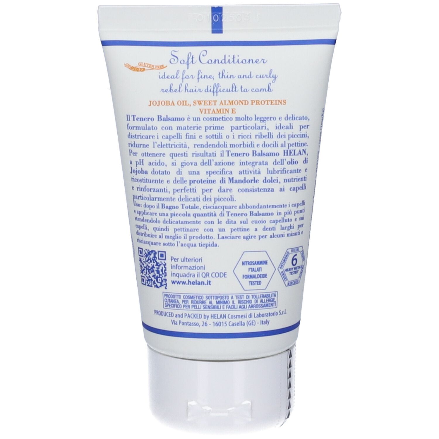 Retro del tubo. Testo: Soft Conditioner, ideale per capelli fini e ricci. Ingredienti e codice QR. Marchio HELAN.