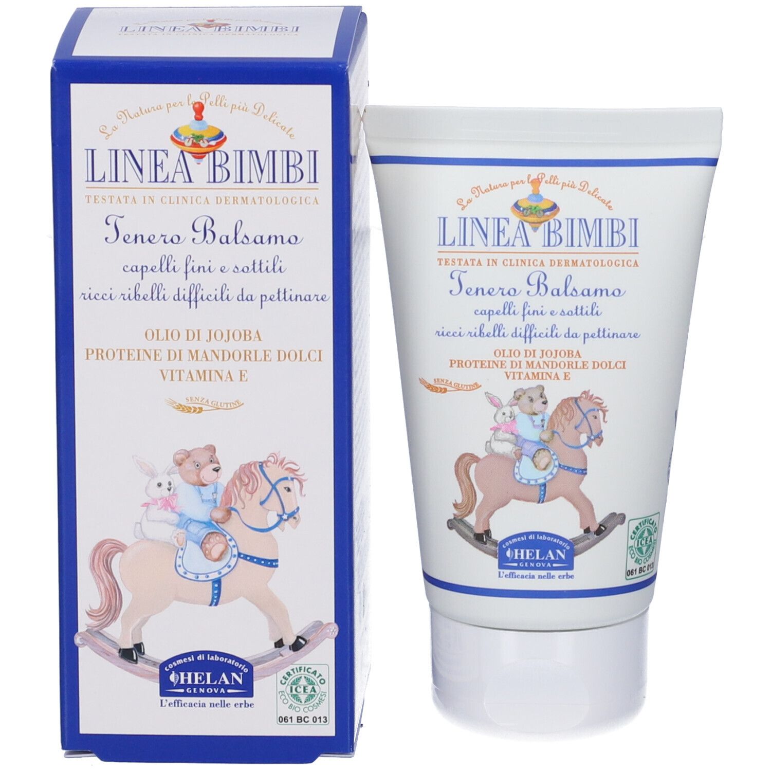 Confezione: tubo e scatola. Scritte: LINEA BIMBI, Tenero Balsamo. Illustrazione: bambino su cavallo a dondolo. Marchio HELAN.