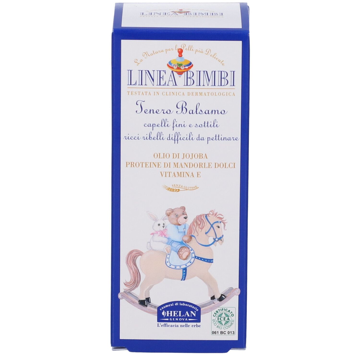 Scatola blu con scritte: LINEA BIMBI, Tenero Balsamo. Illustrazione: bambino su cavallo a dondolo. Marchio HELAN.