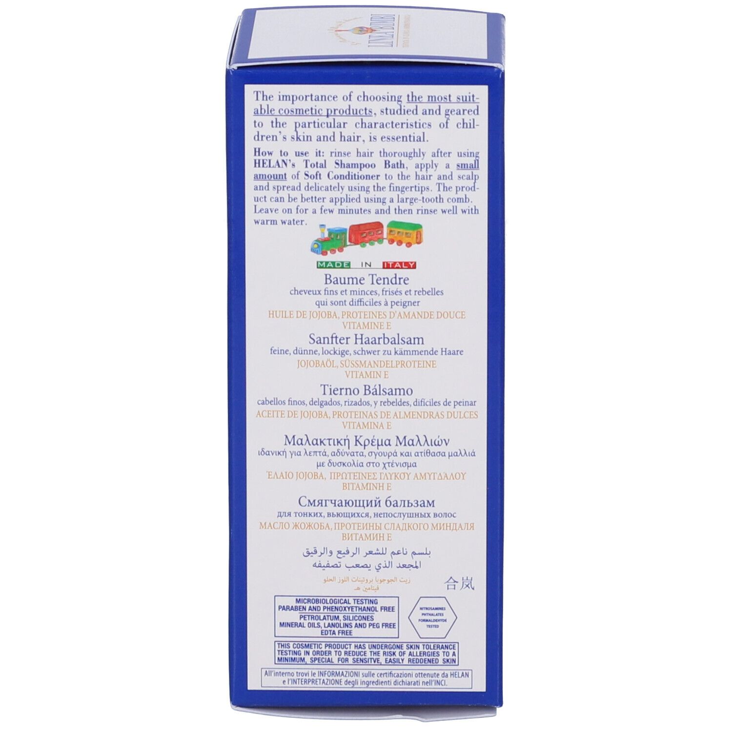 Retro della scatola. Testo multilingue: Baume Tendre, Sanfter Haarbalm, Tierno Bálsamo. Ingredienti e origine.