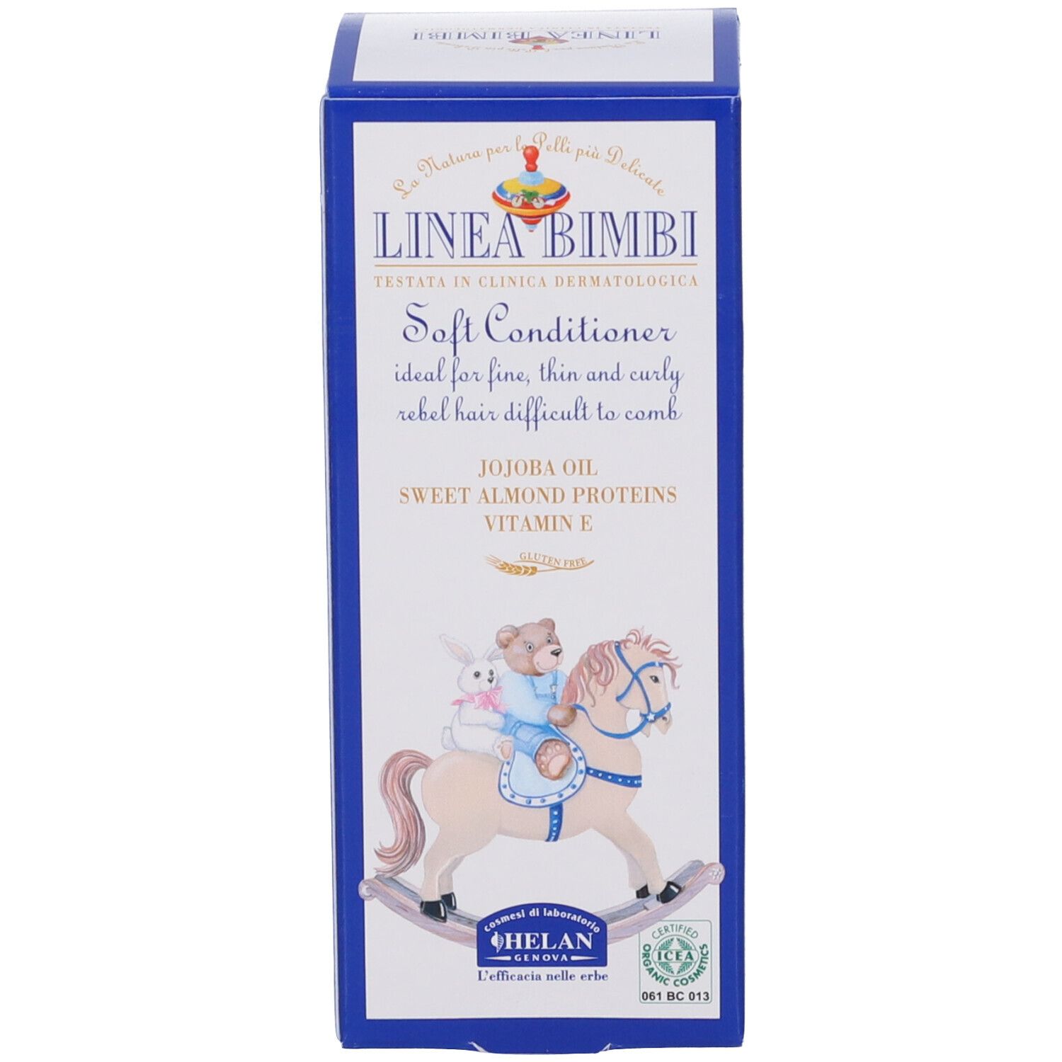 Fronte della scatola blu. Scritte: LINEA BIMBI, Soft Conditioner. Illustrazione: bambino su cavallo a dondolo. Marchio HELAN.