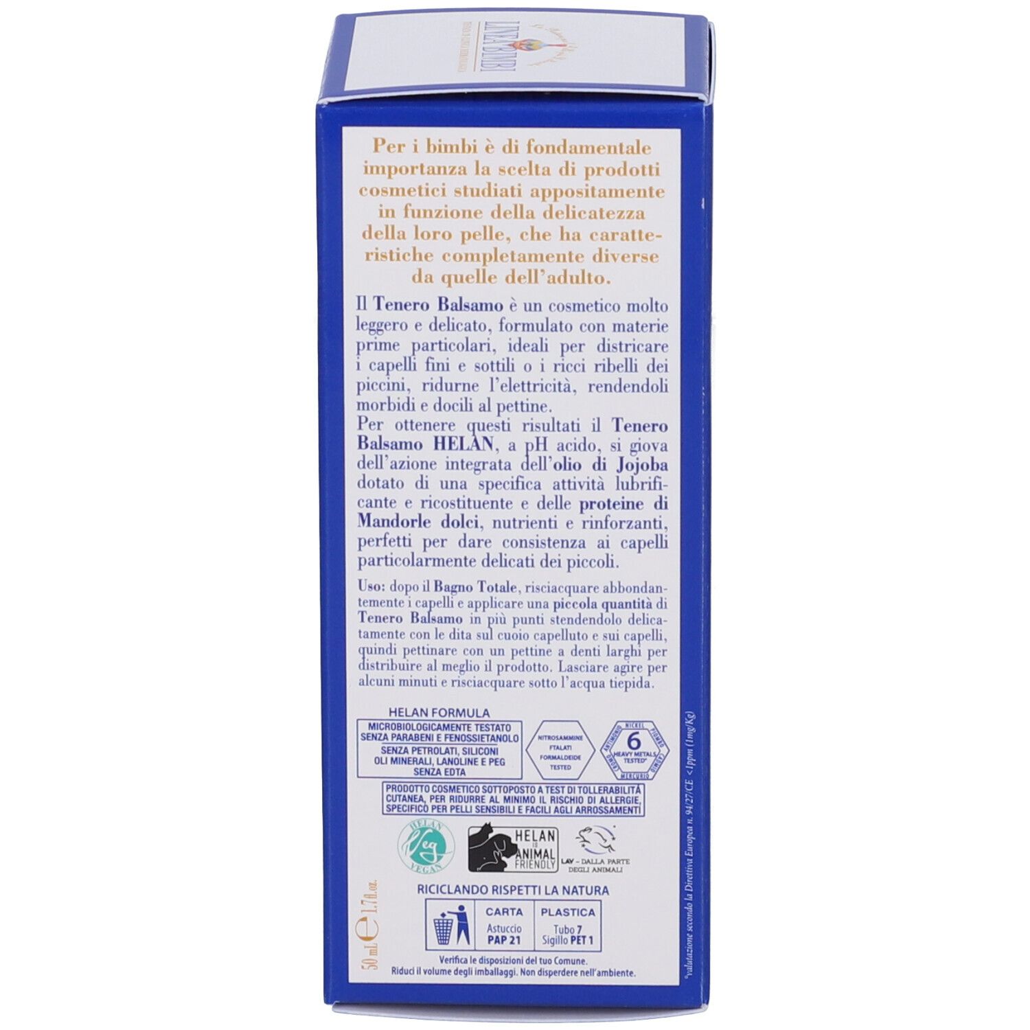 Retro della scatola blu. Testo sul prodotto e il suo utilizzo. Ingredienti e certificazioni. Marchio HELAN.