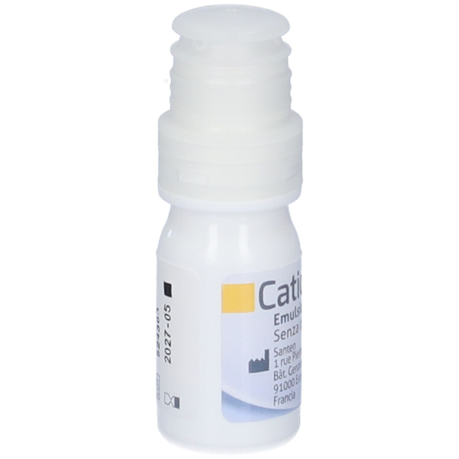 Flacone bianco con tappo bianco. Scritta: Cationorm Emulsione oftalmica Senza conservanti. Indirizzo, codice a barre e scadenza.