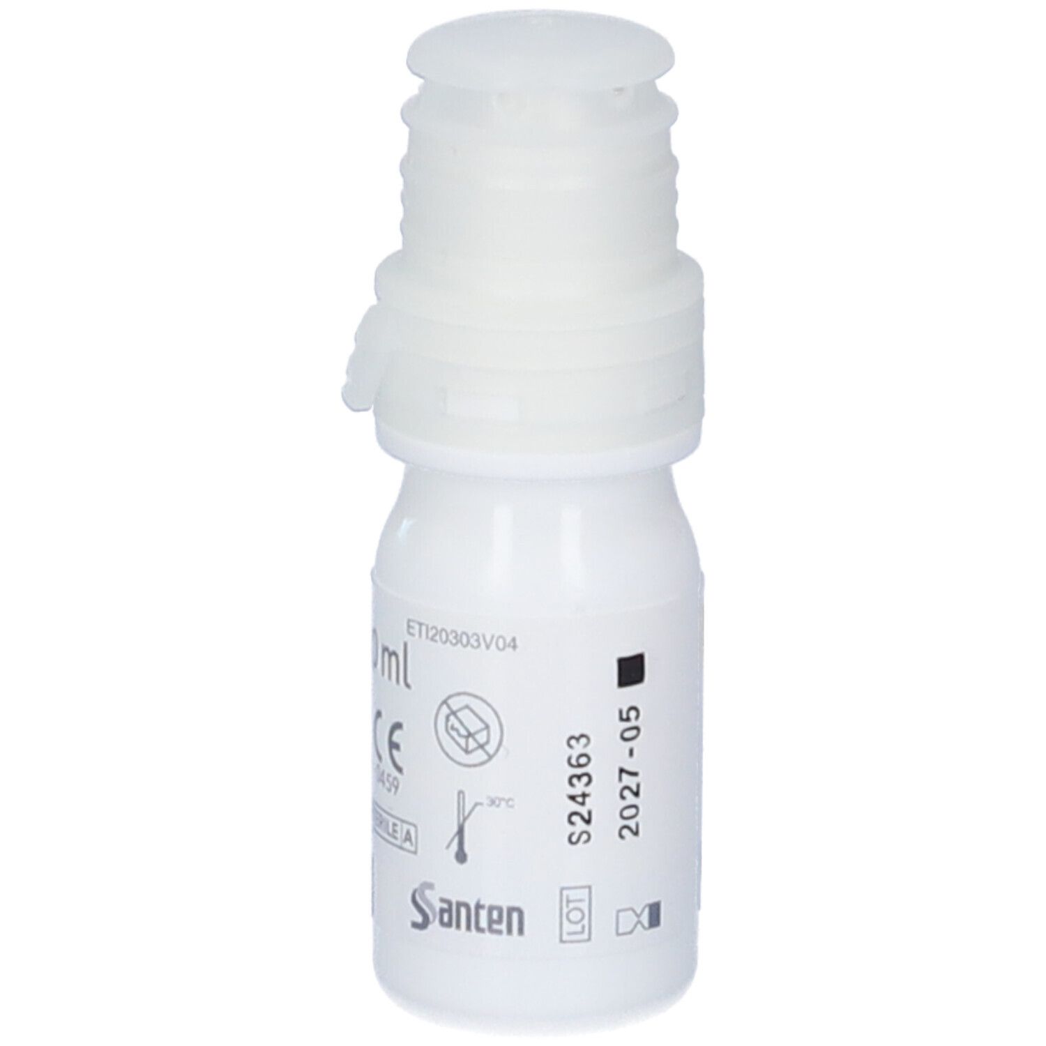 Flacone bianco con tappo bianco. Scritta: Cationorm. Simboli e codice a barre. Logo del produttore Santen.