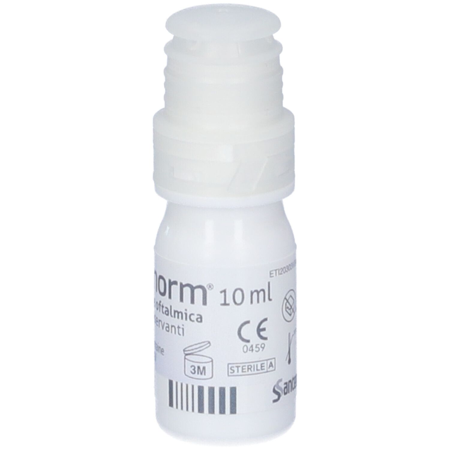 Flacone bianco con tappo bianco. Scritta: Cationorm 10 ml Emulsione oftalmica. Marchio CE e simbolo di sterilità.