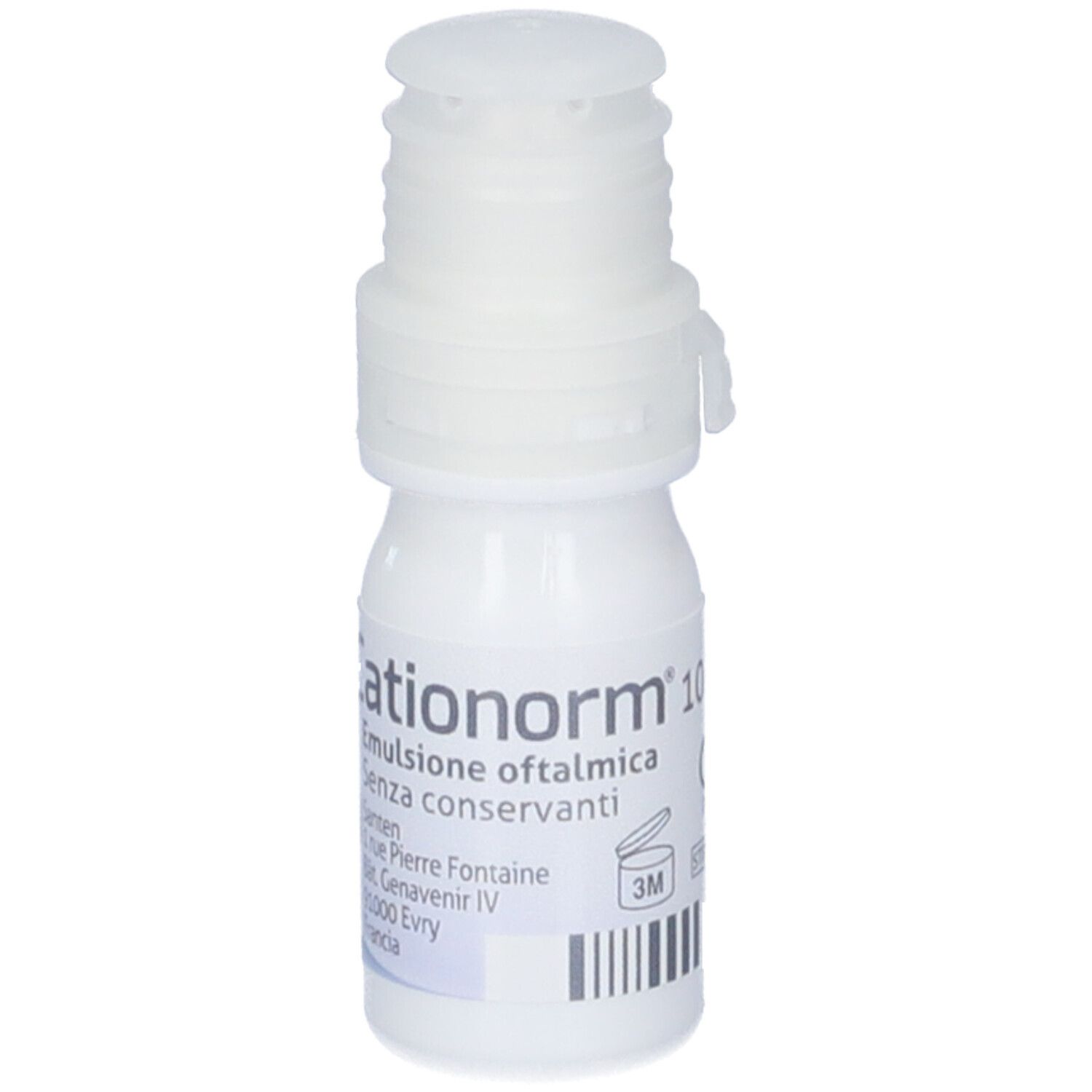 Flacone bianco con tappo bianco. Scritta: Cationorm 10 ml Emulsione oftalmica. Indirizzo e scadenza.