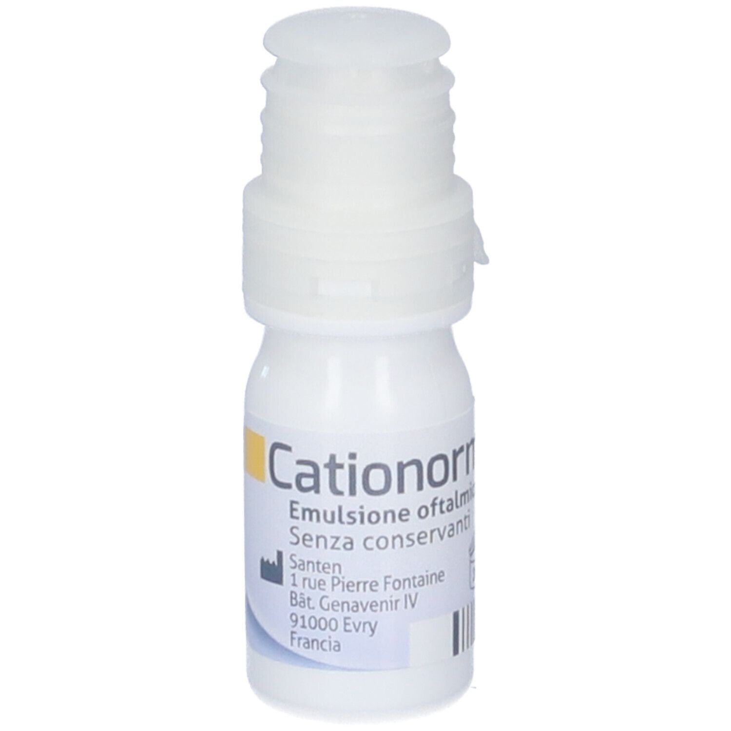 Flacone bianco con tappo bianco. Scritta: Cationorm Emulsione oftalmica Senza conservanti. Indirizzo e campo giallo.