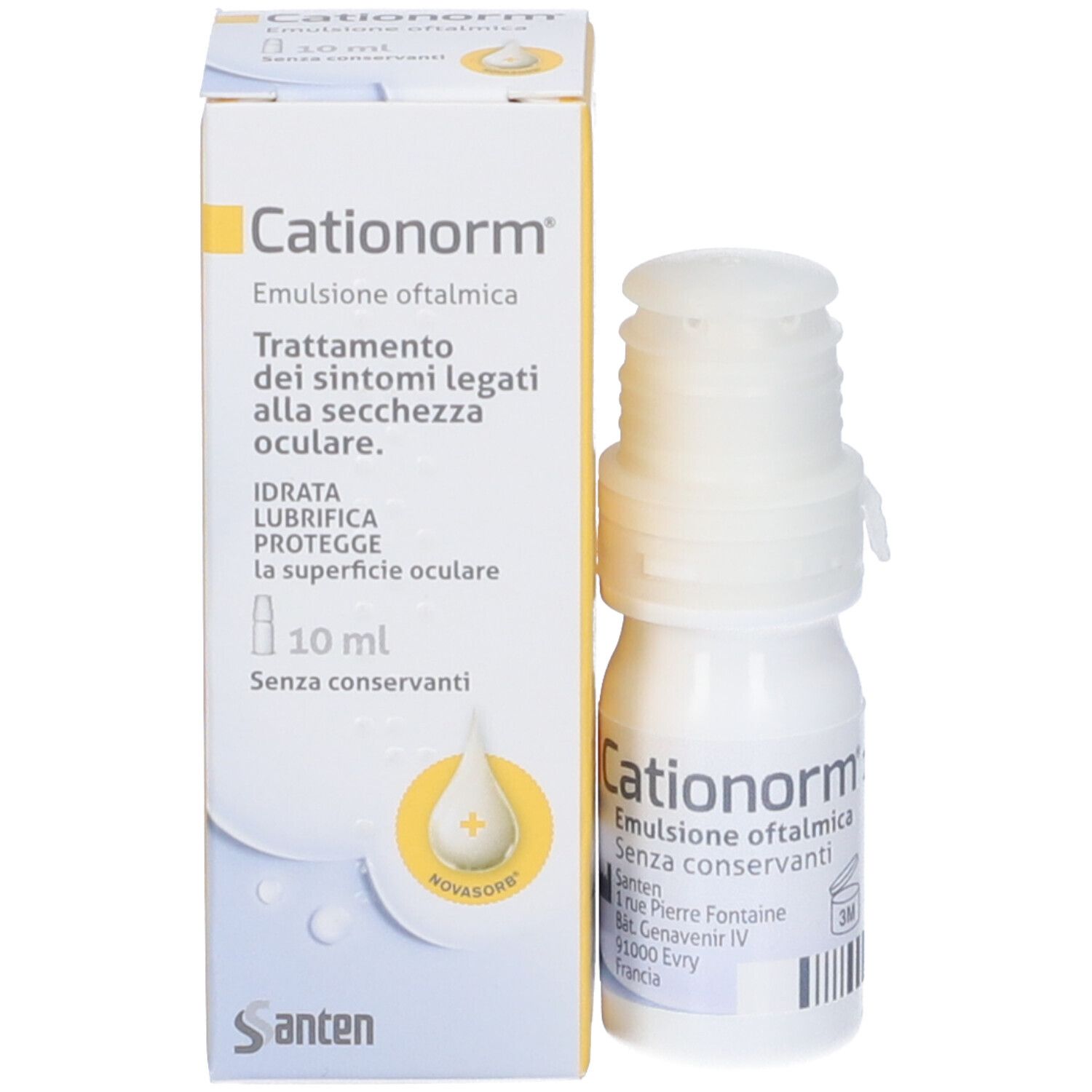 Confezione e flacone. Scritta: Cationorm Emulsione oftalmica. Trattamento occhi secchi. 10 ml. Senza conservanti. Logo giallo.