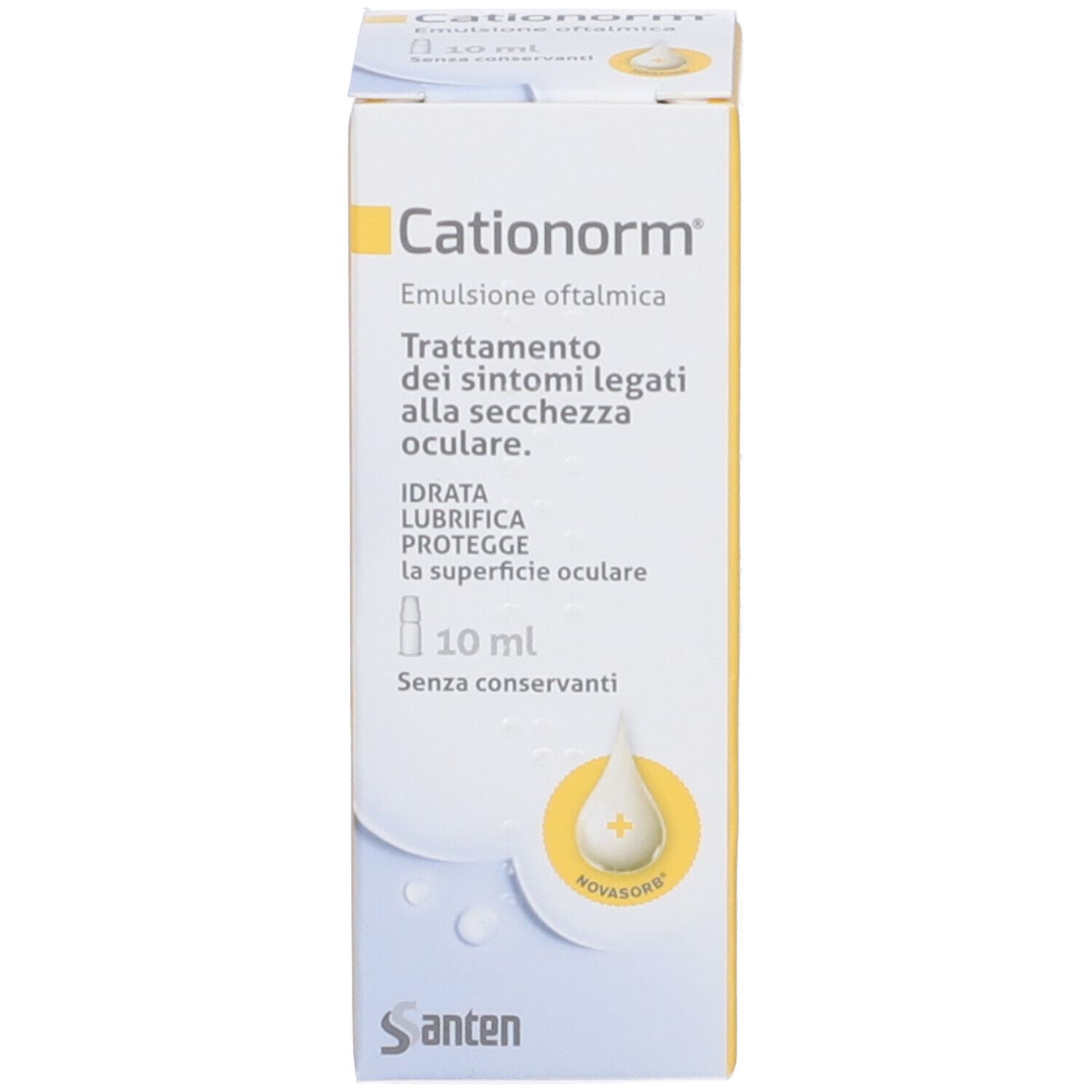 Confezione del prodotto. Scritta: Cationorm Emulsione oftalmica. Trattamento occhi secchi. 10 ml. Senza conservanti. Logo giallo.