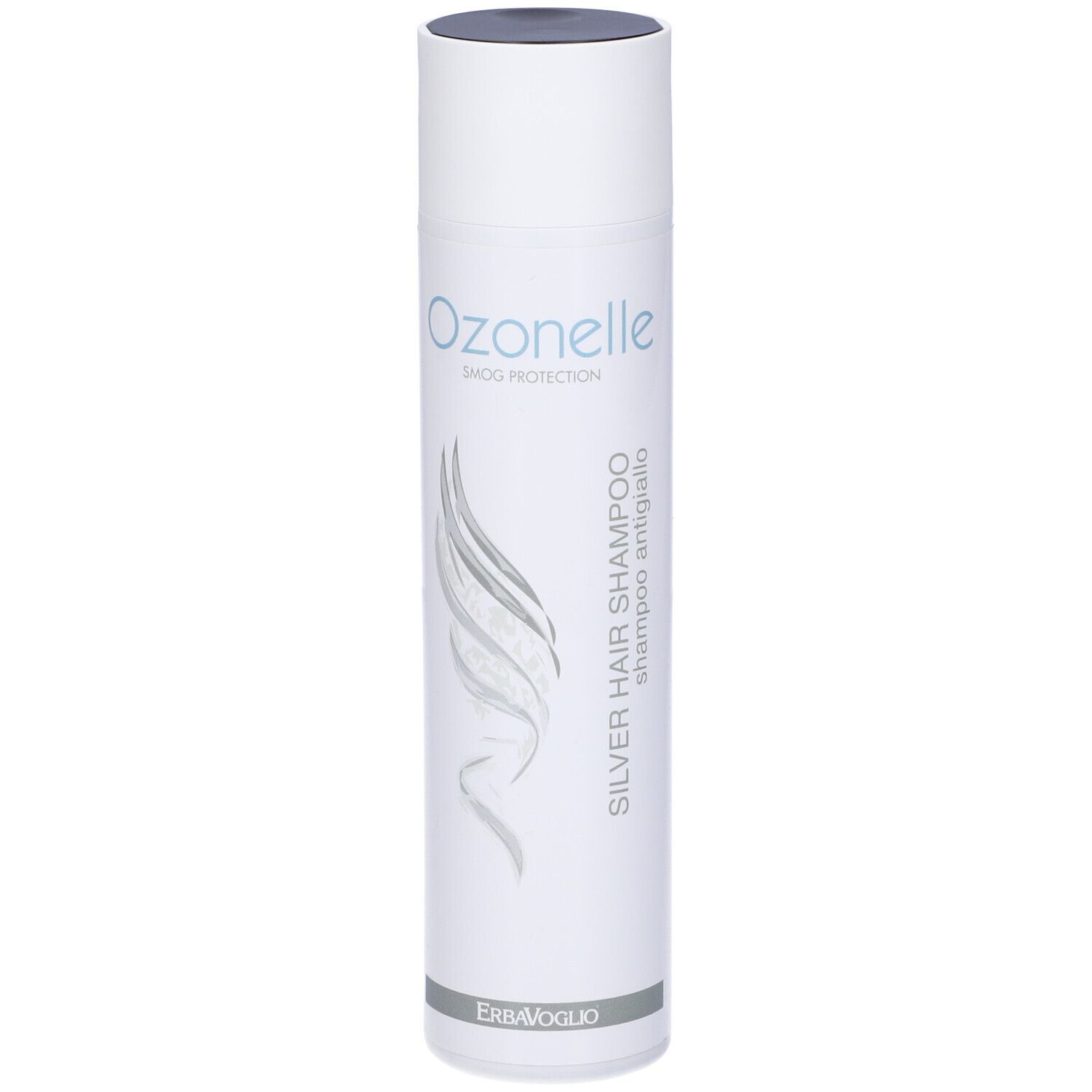 Flacone bianco con logo Ozonelle e scritta SILVER HAIR SHAMPOO. Illustrazione capelli grigi. Tappo nero.