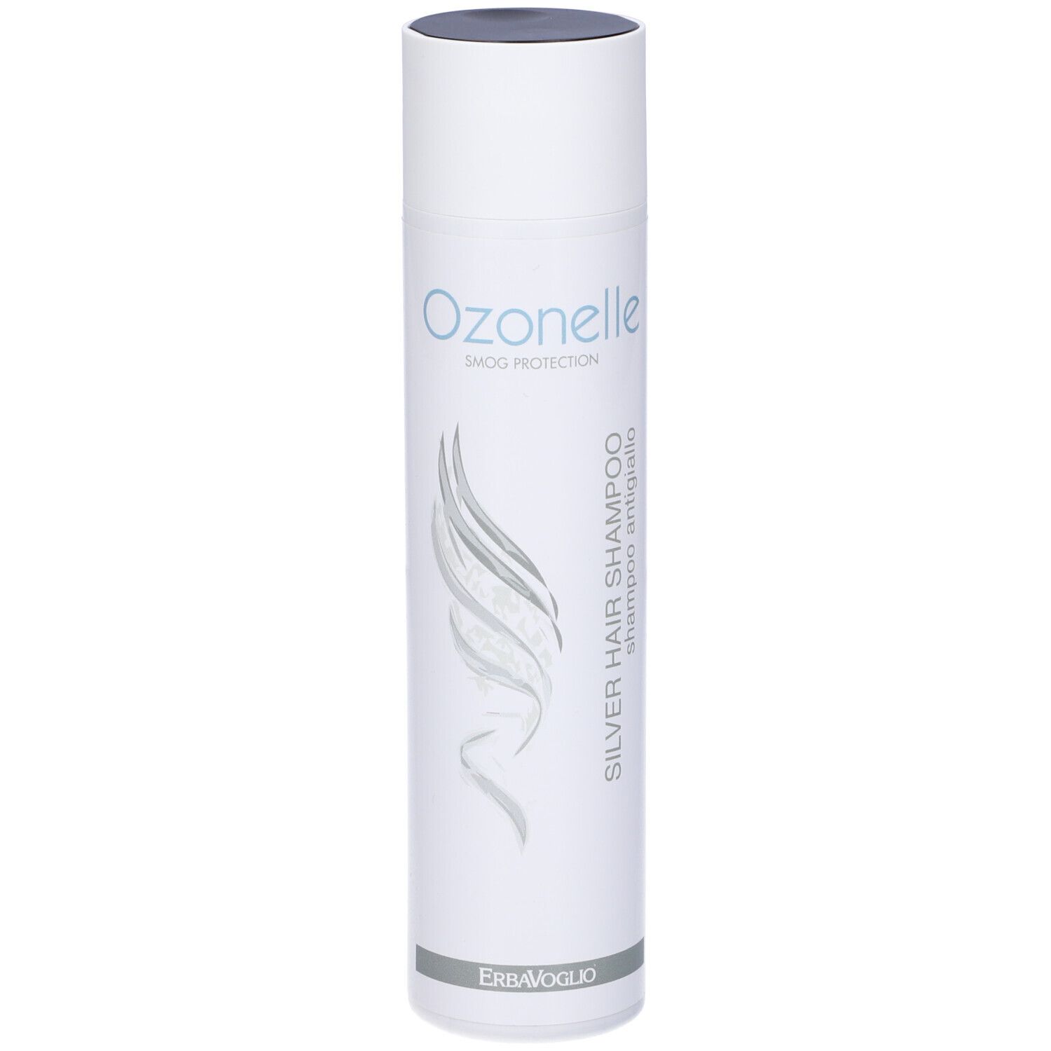 Flacone bianco con logo Ozonelle e scritta SILVER HAIR SHAMPOO. Illustrazione capelli grigi. Tappo nero.
