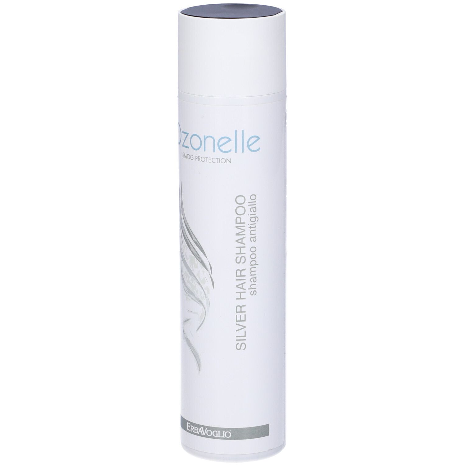 Flacone bianco con logo Ozonelle e scritta SILVER HAIR SHAMPOO. Illustrazione capelli grigi. Tappo nero.
