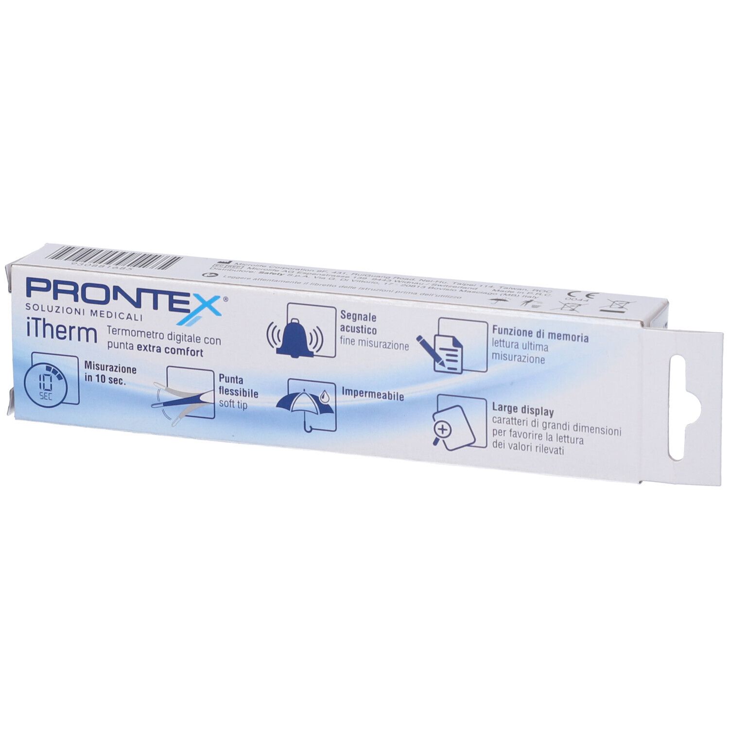 Confezione, vista dettagliata. Testo: PRONTEX, iTherm, termometro digitale, con comfort extra.
