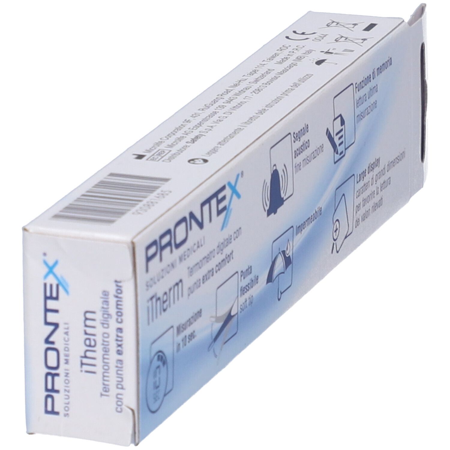 Confezione, vista dettagliata. Testo: PRONTEX, iTherm, termometro digitale, con comfort extra.