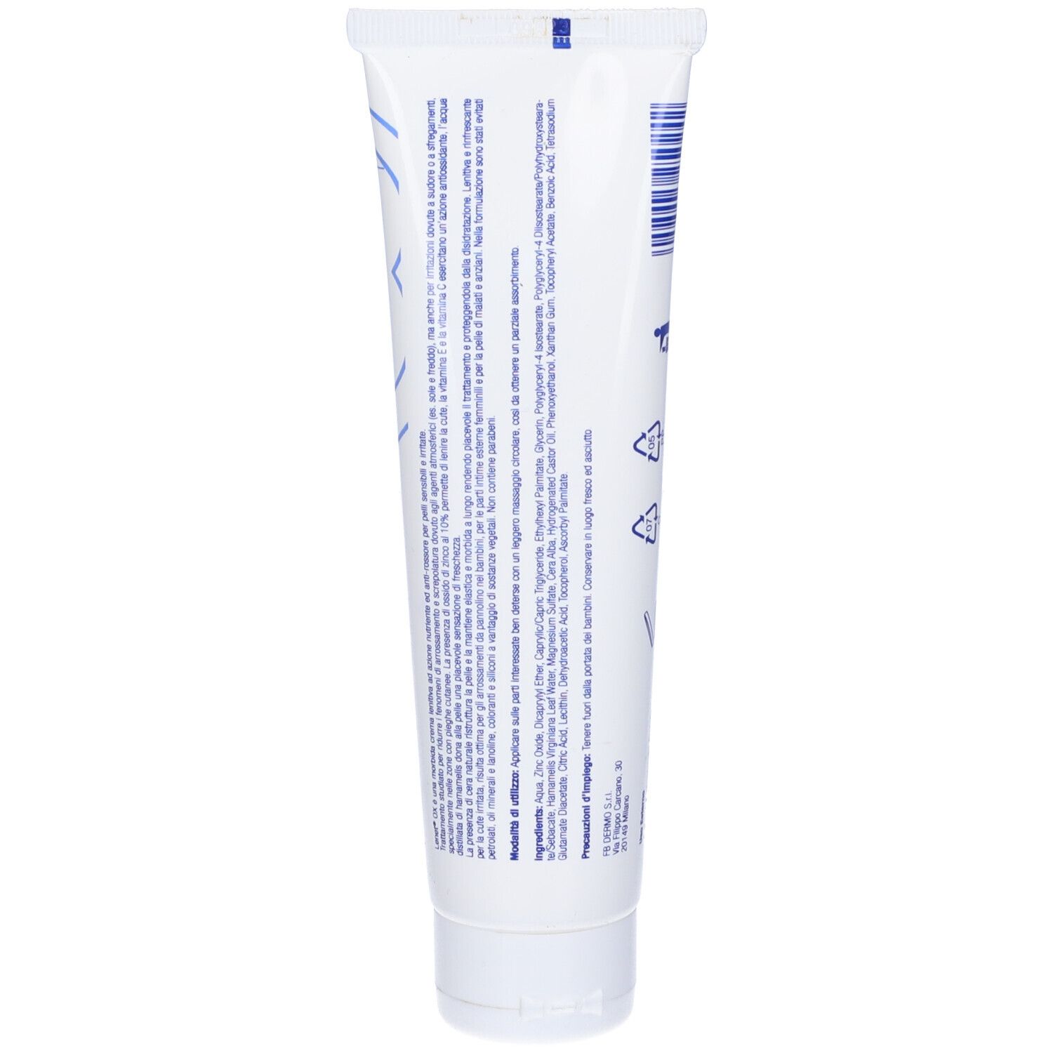 Retro di un tubo bianco. Testo in blu. Contiene informazioni sugli ingredienti e l'uso.