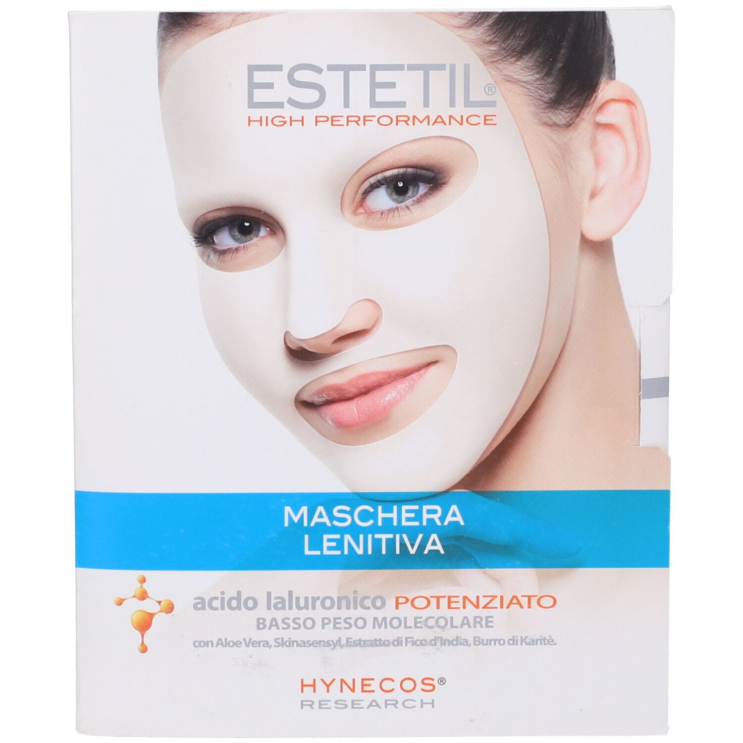 Primo piano della maschera viso sulla confezione. Volto femminile, nome del prodotto e marchio visibili.