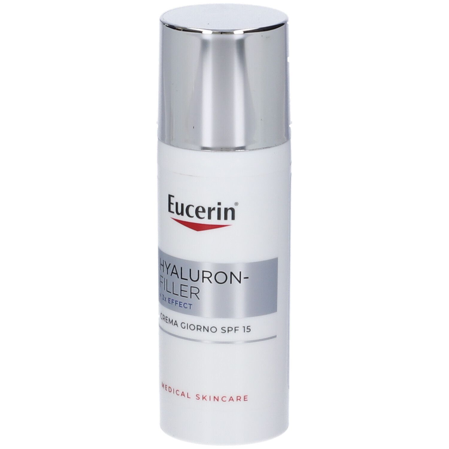 Grafica con prodotti. Testo: La tua routine quotidiana, Eucerin DermatoCLEAN, Hyaluron-Filler.