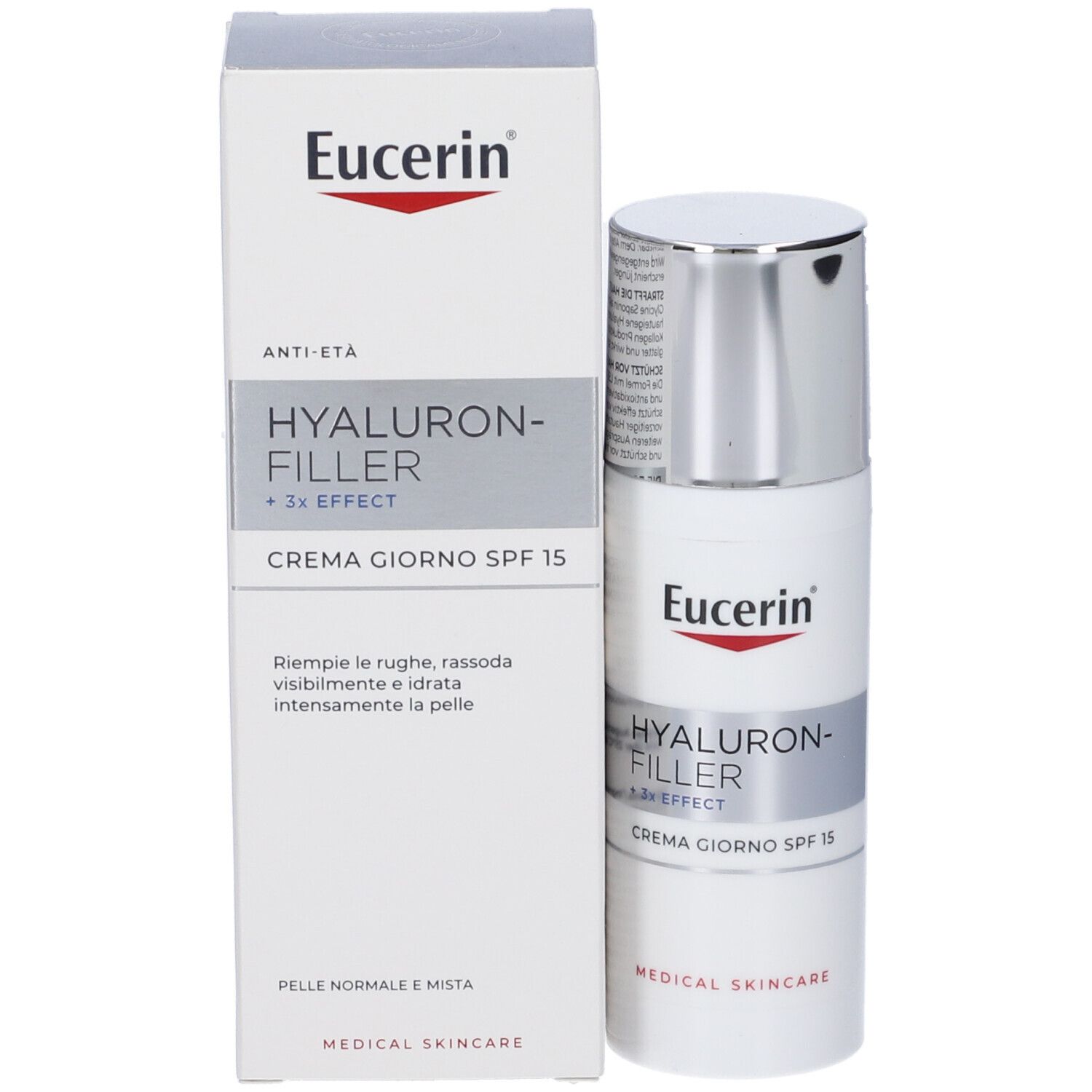 Prodotto con testo: Eucerin, Hyaluron-Filler +3x Effect, Crema giorno SPF 15.