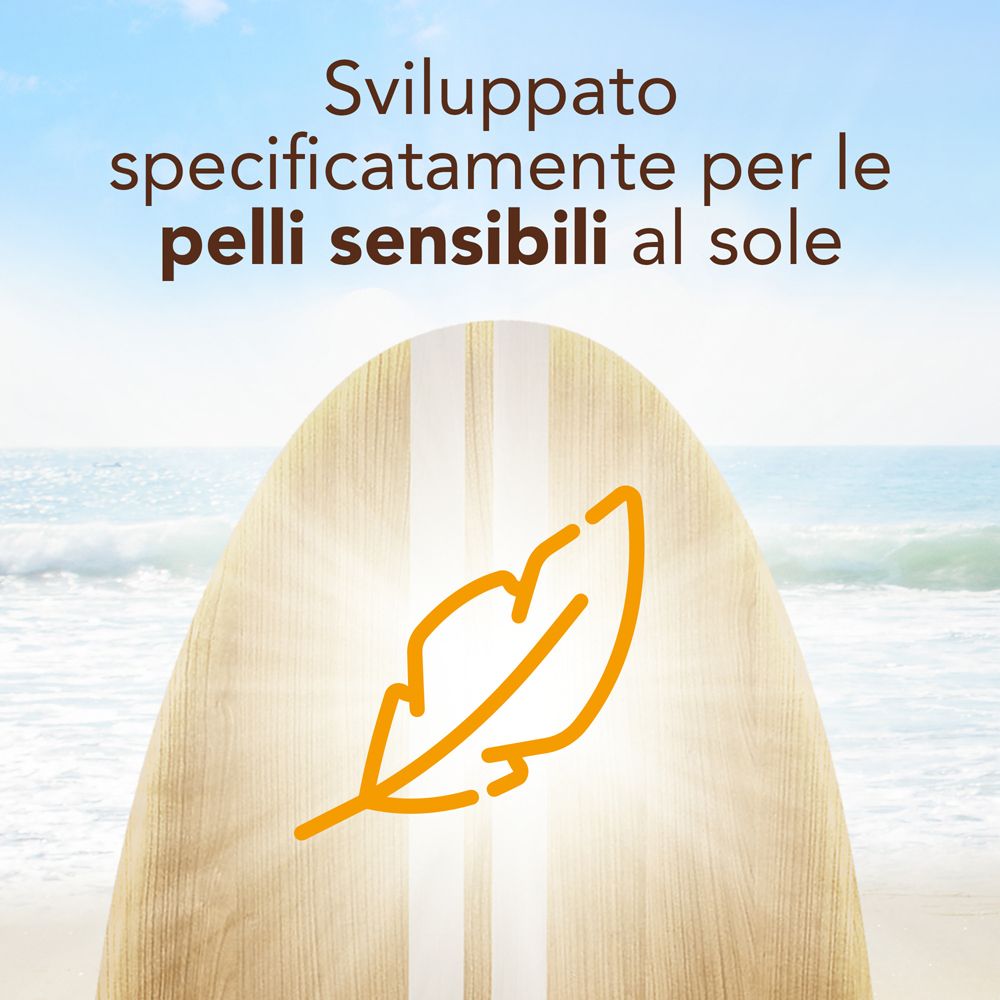 Tavola da surf con simbolo di piuma. Testo: Sviluppato specificatamente per le pelli sensibili al sole.