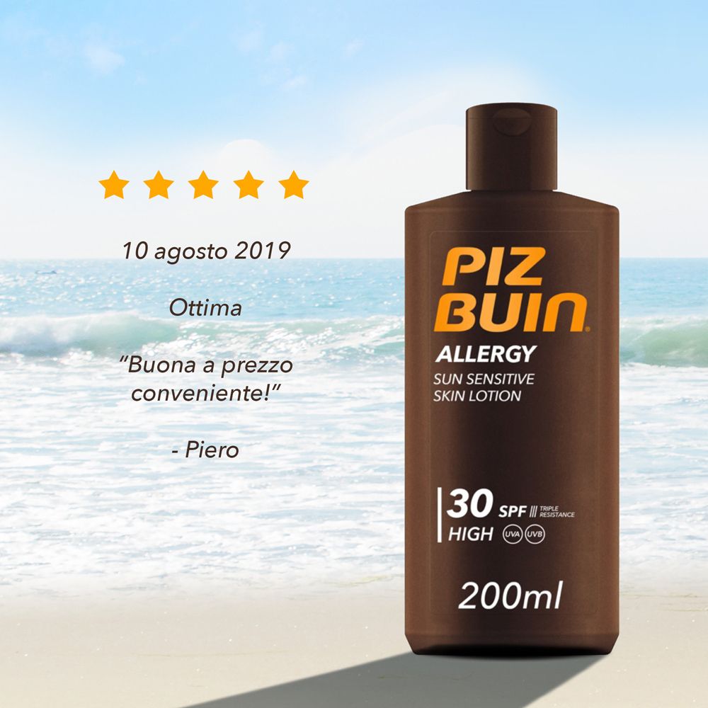 Flacone Piz Buin Allergy, SPF 30, sulla spiaggia. Testo: Ottima, Buona a prezzo conveniente! - Piero.