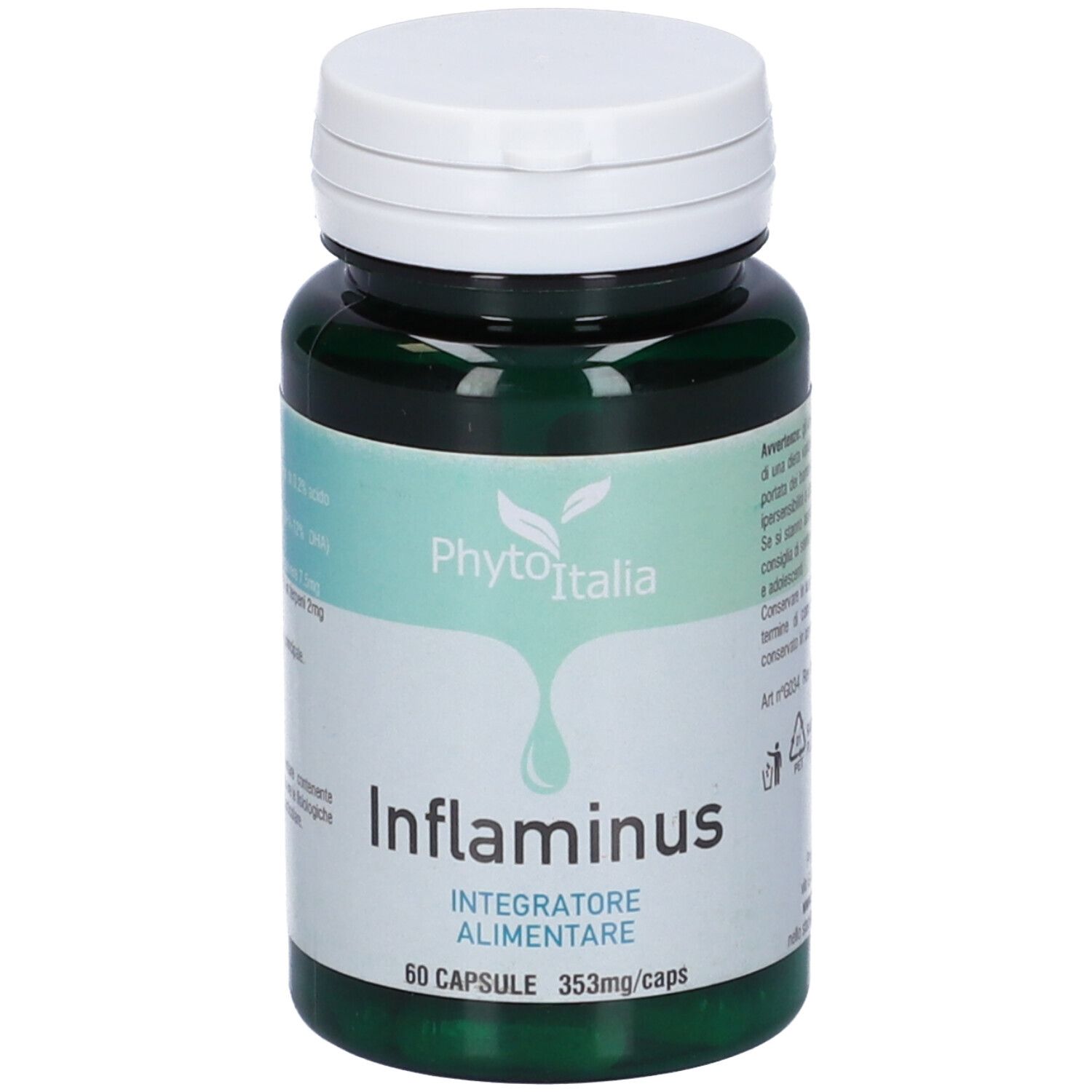 Flacone verde con tappo bianco. Scritta: Inflaminus, 60 capsule, Phyto Italia.
