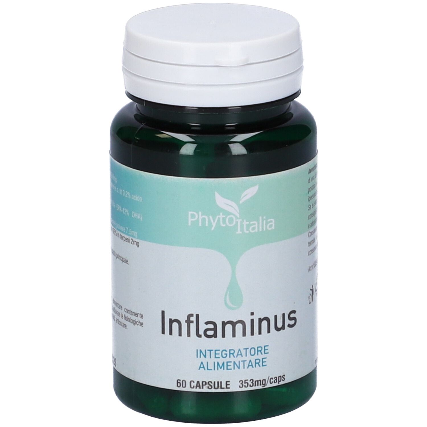 Flacone verde con tappo bianco. Scritta: Inflaminus, 60 capsule, Phyto Italia.
