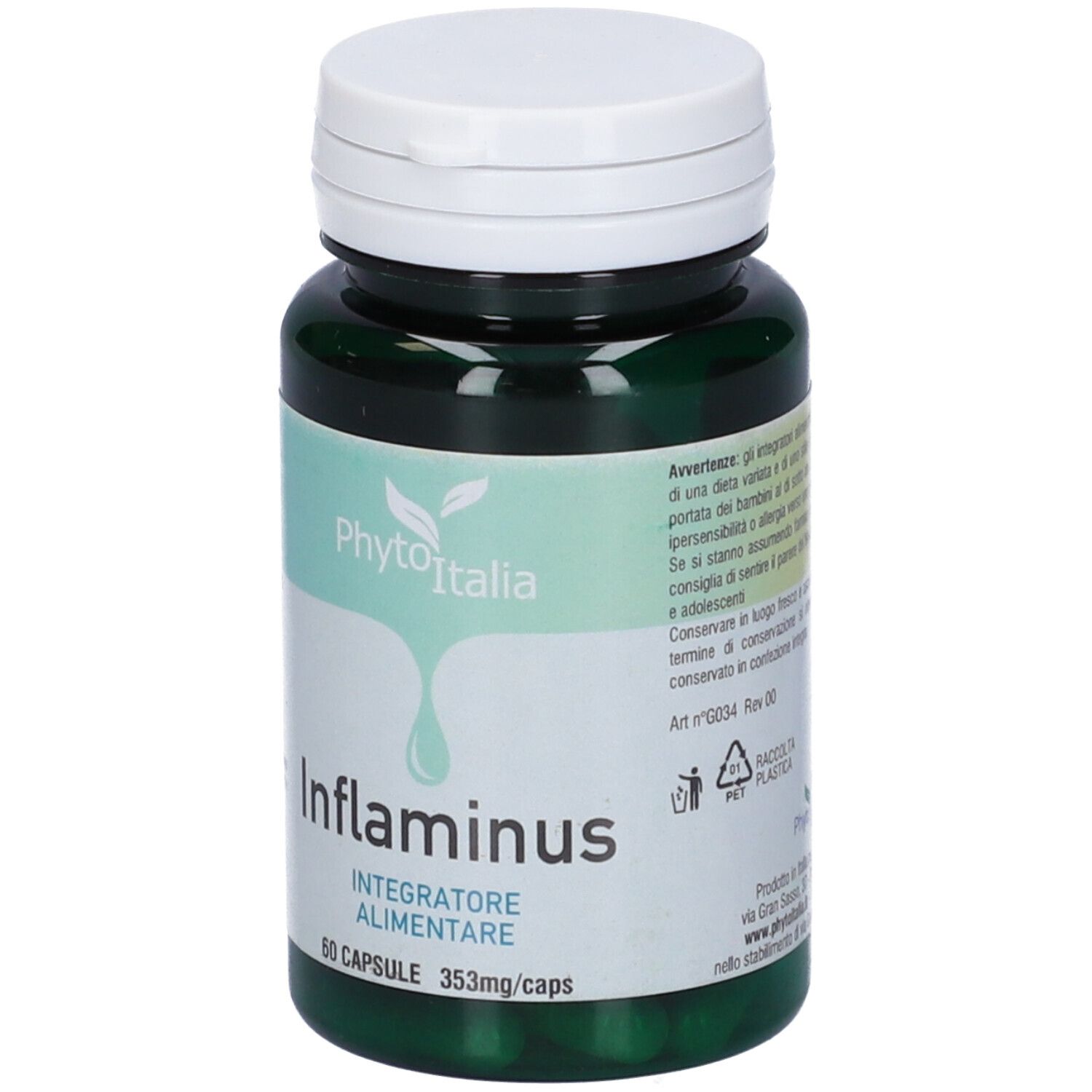 Flacone verde con tappo bianco. Scritta: Inflaminus, 60 capsule, Phyto Italia.