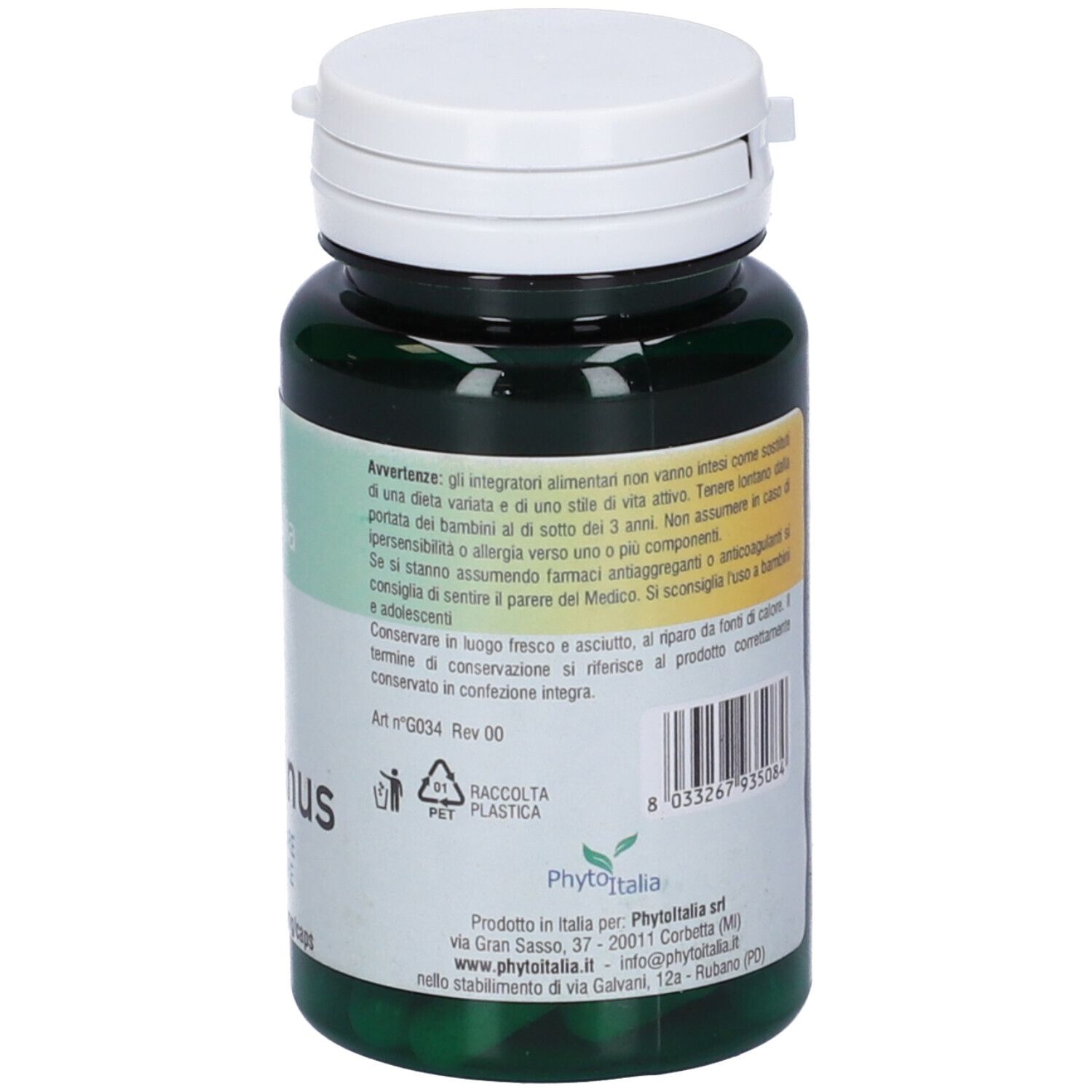 Flacone verde con tappo bianco. Retro con avvertenze e informazioni del produttore.