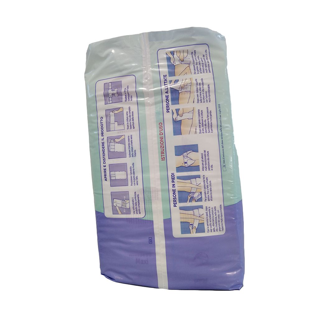 Confezione con istruzioni per LINIDOR Pannolone a Cintura. Illustrazioni mostrano i passaggi di utilizzo.